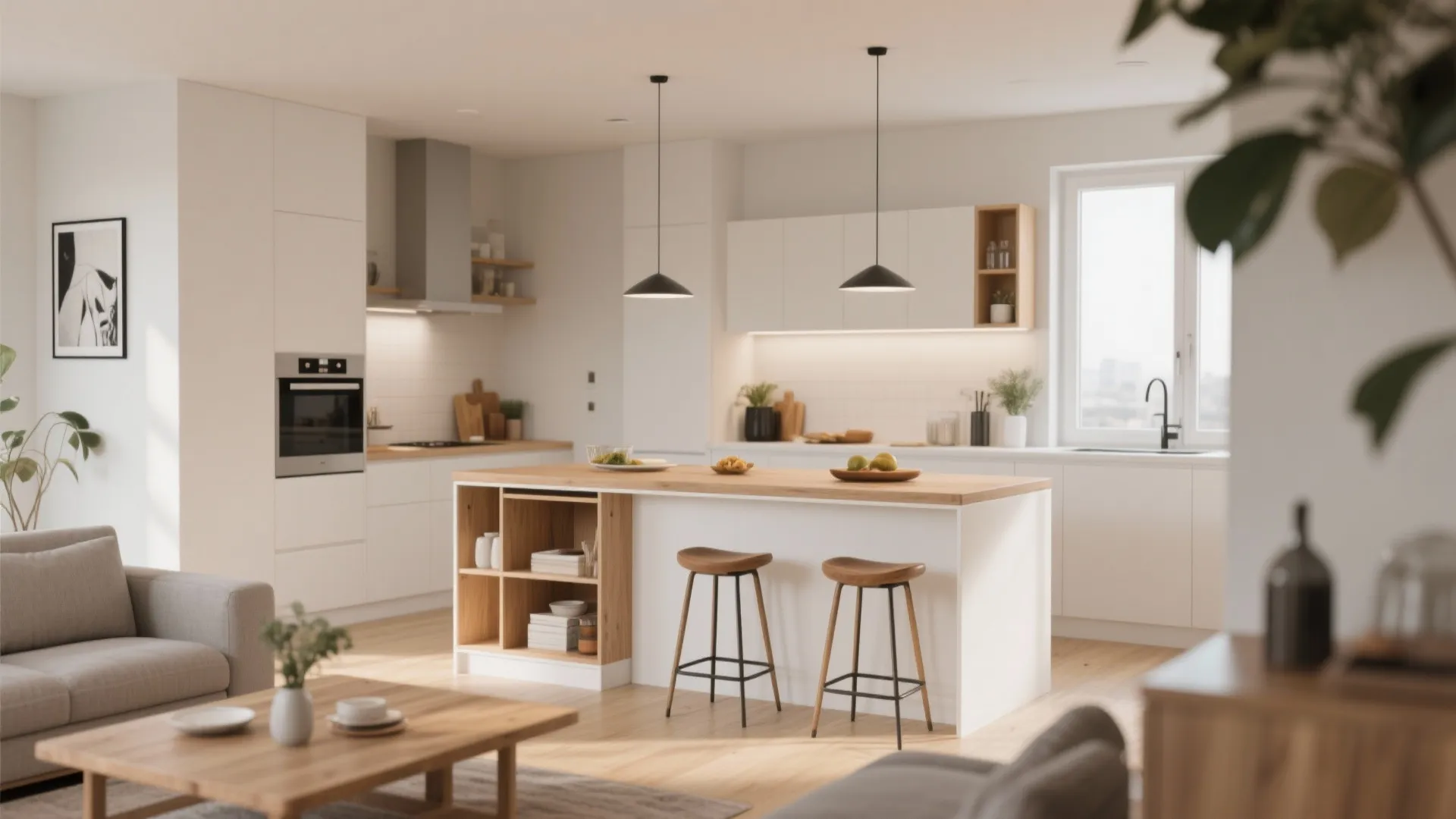 Modern white kitchen with wooden island two stools black ceiling lights and grey sofa nearby