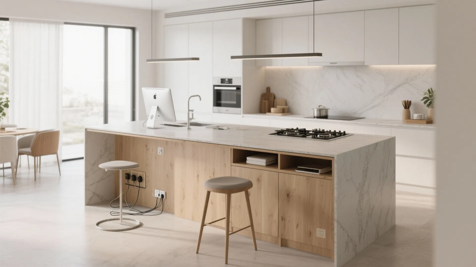 Large marble kitchen island with wood cabinets used as a desk for a computer setup