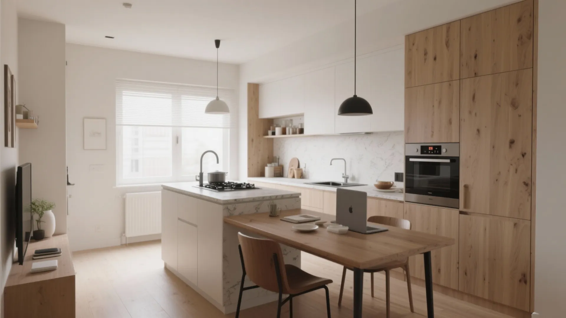 Kitchen island serving as cooking, dining, and work space