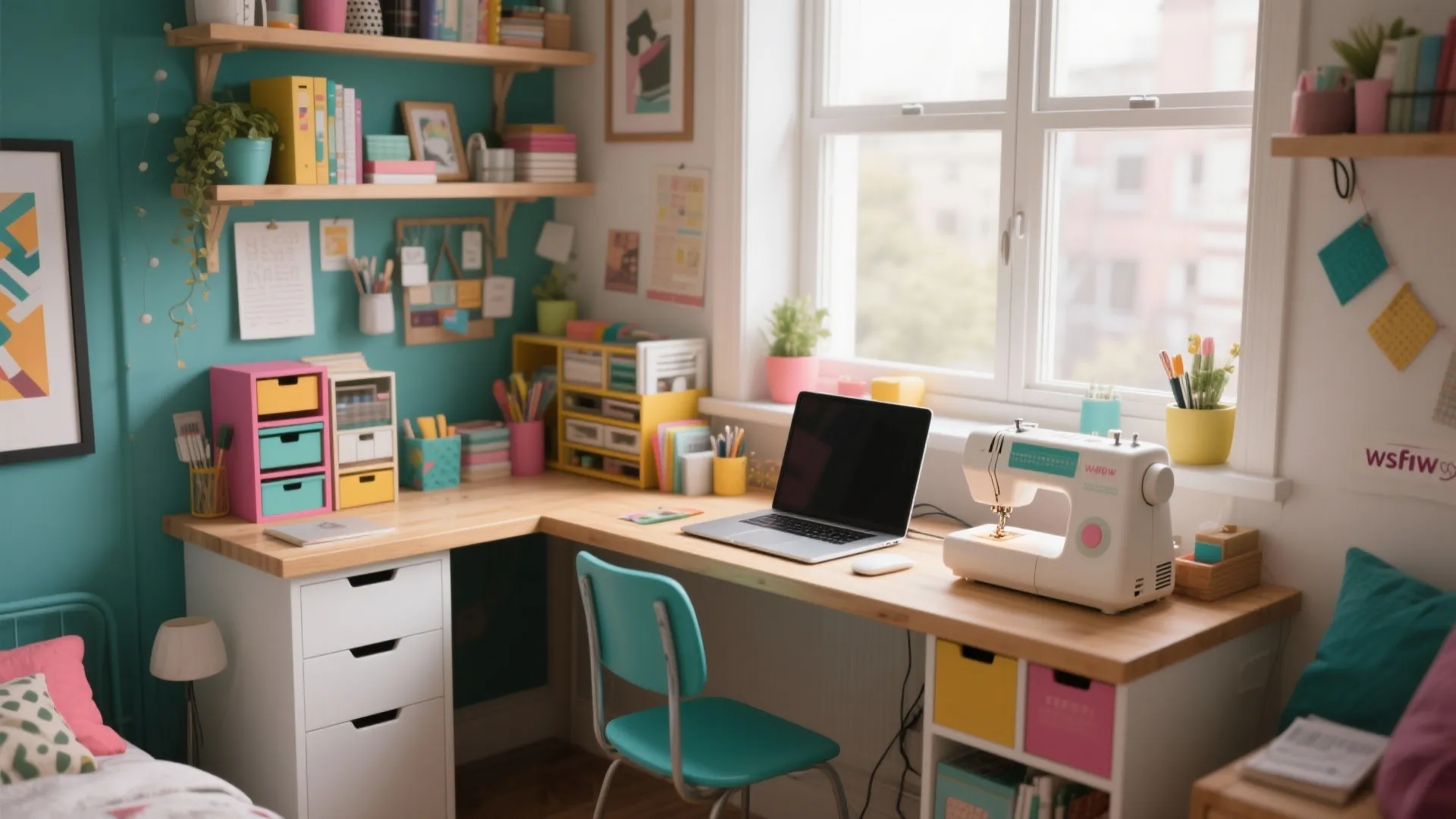 Compact L-shaped desk used for laptop work and sewing in a small apartment
