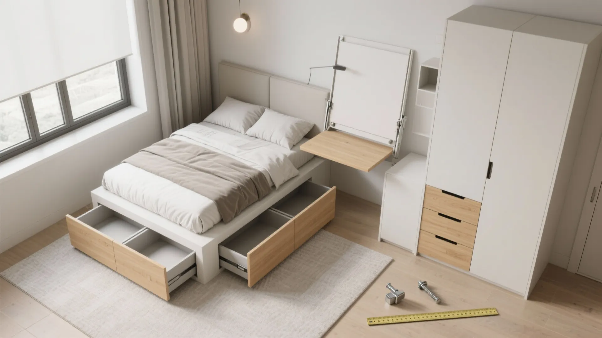 Modern white bedroom with storage bed drawers plus wooden desk and wardrobe for multifunctional room layout