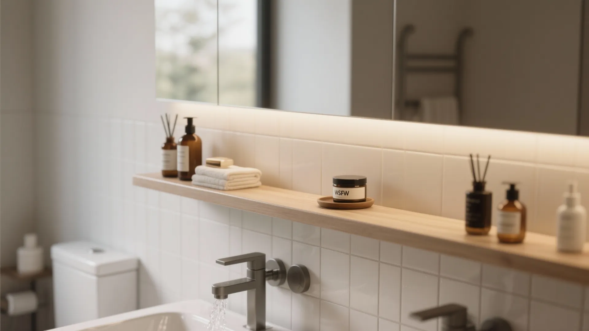 Close-up of bathroom sink with wooden shelf holding bottles, towels, and soap under large mirror
