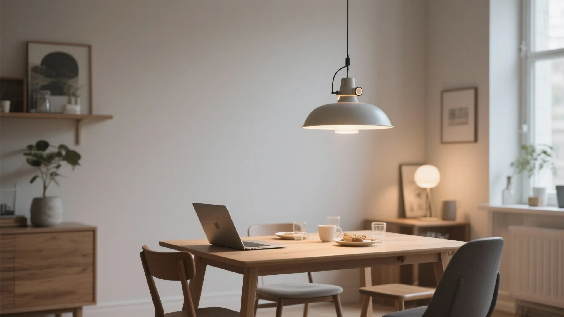 Modern wooden dining table with laptop and hanging ceiling light in a bright cozy room