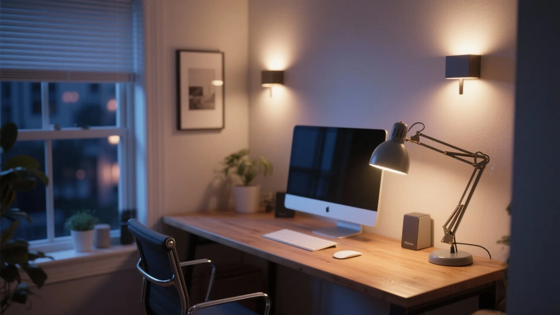 Home office at night with wooden desk computer desk lamp two wall lights and window view