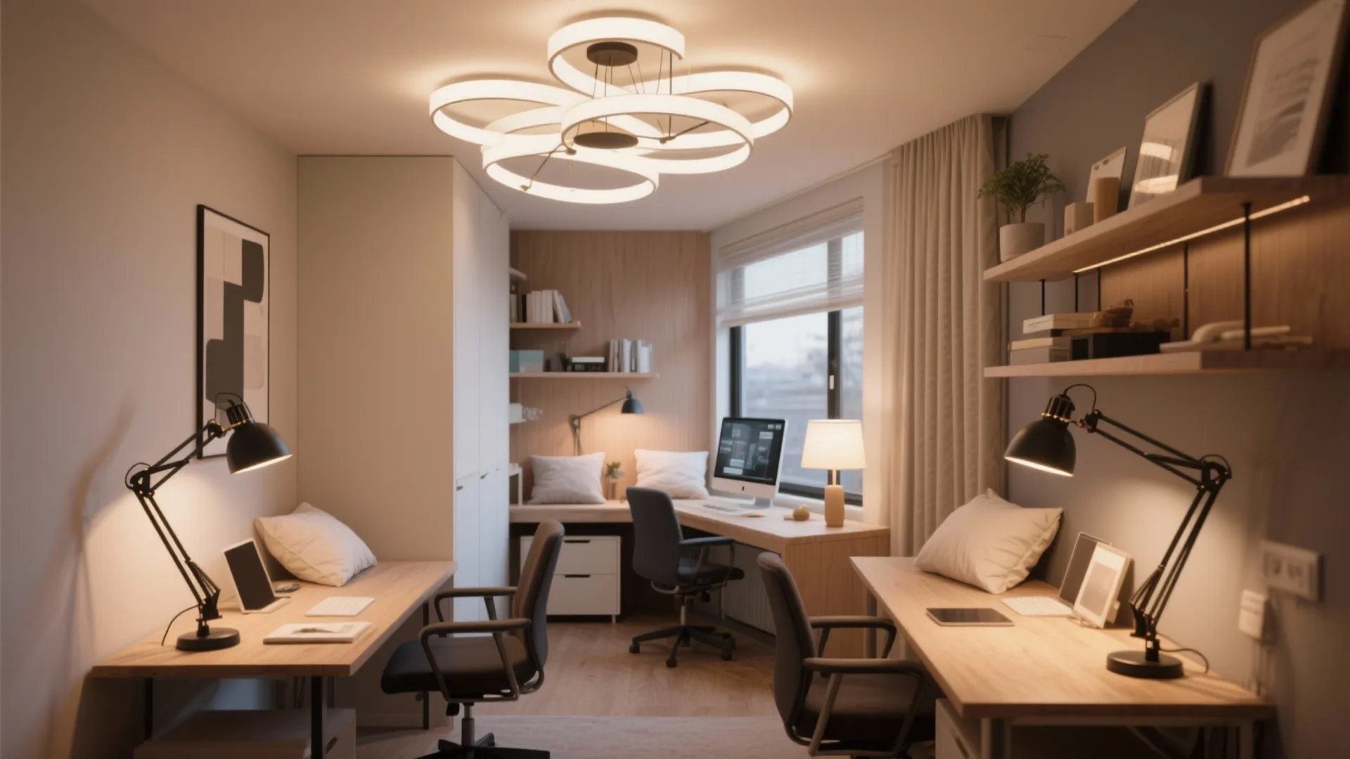 Swing-arm desk lamps and ceiling fixture in small office