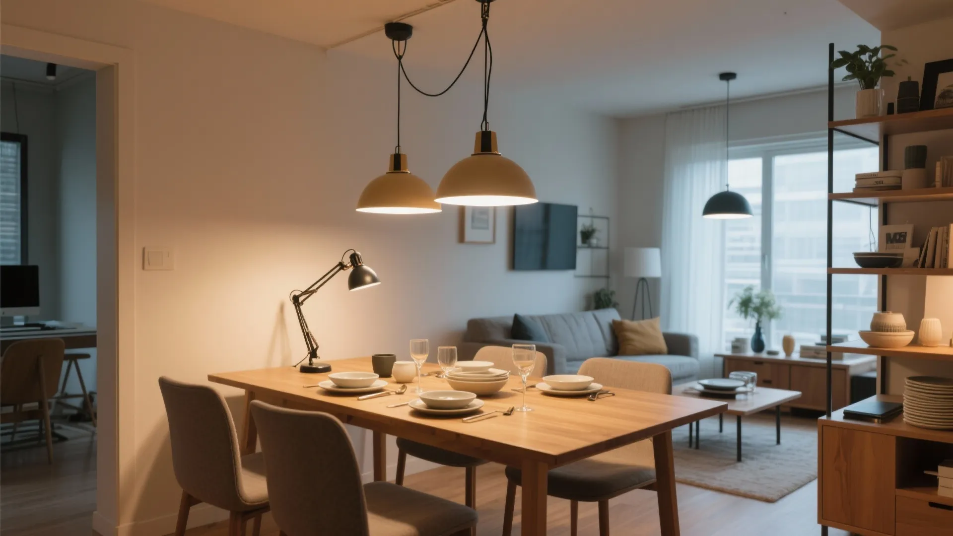 Dining table with adjustable lighting for meals and work