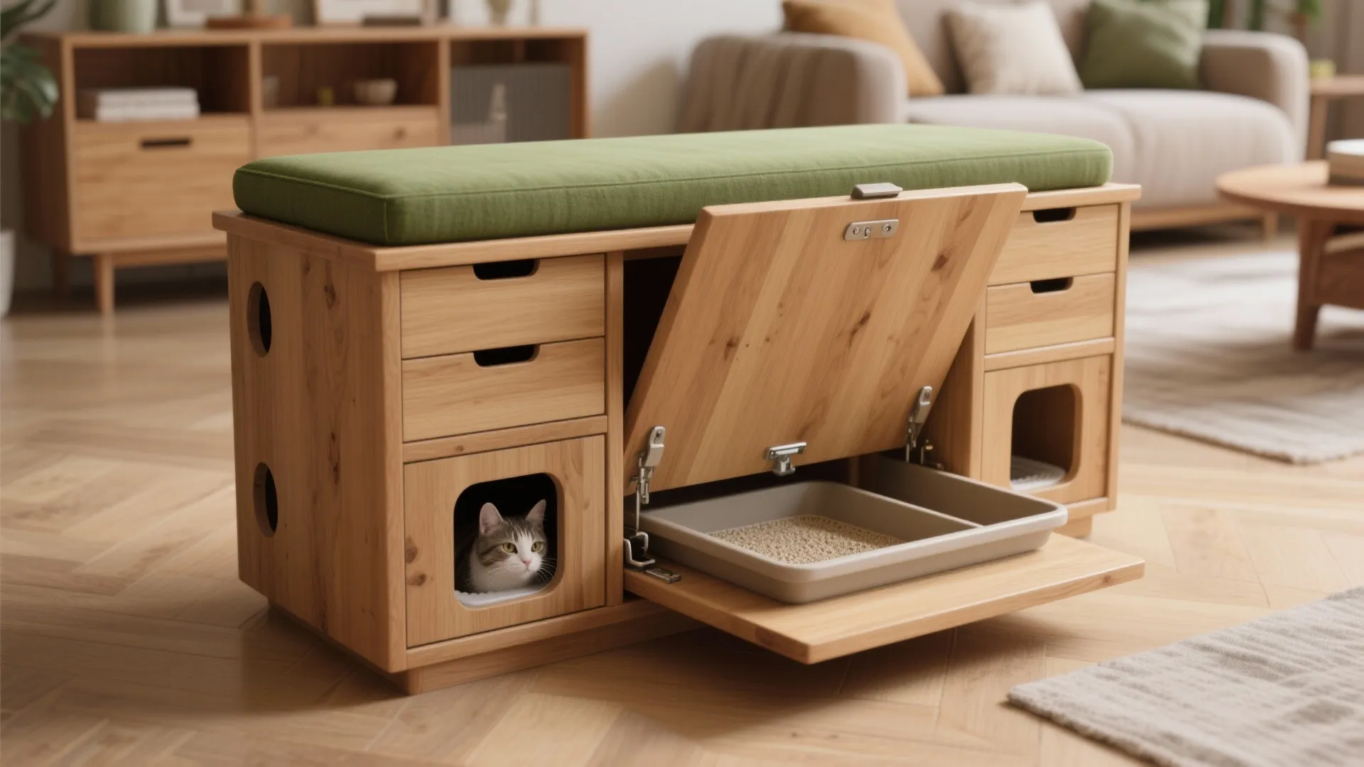 Wooden bench with green cushion used as cat litter box furniture featuring an open door