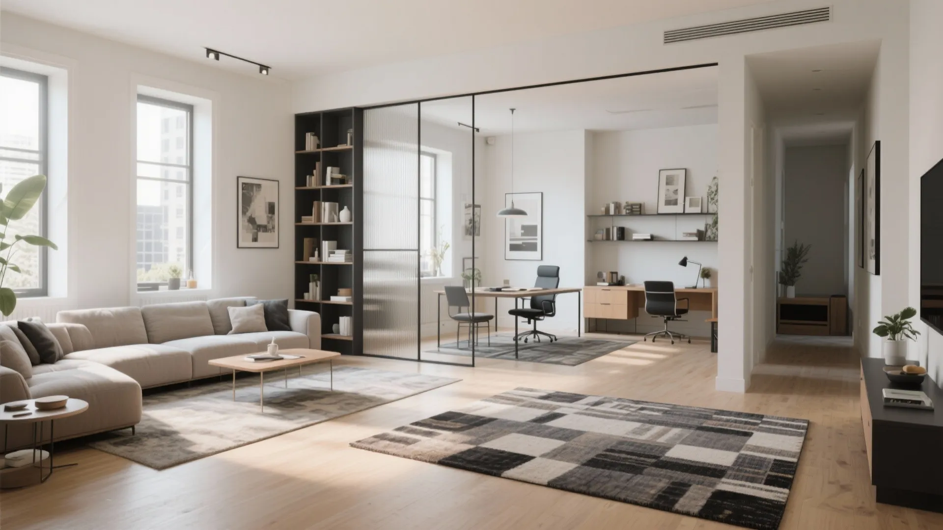 Living room with sofa and glass wall divider leading to a home office with desks