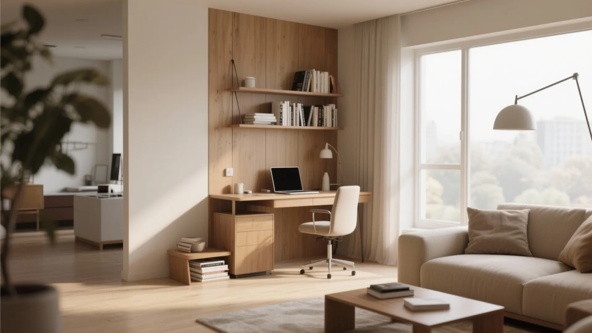 Home office corner with wooden desk wall shelves laptop white chair and a cozy beige sofa