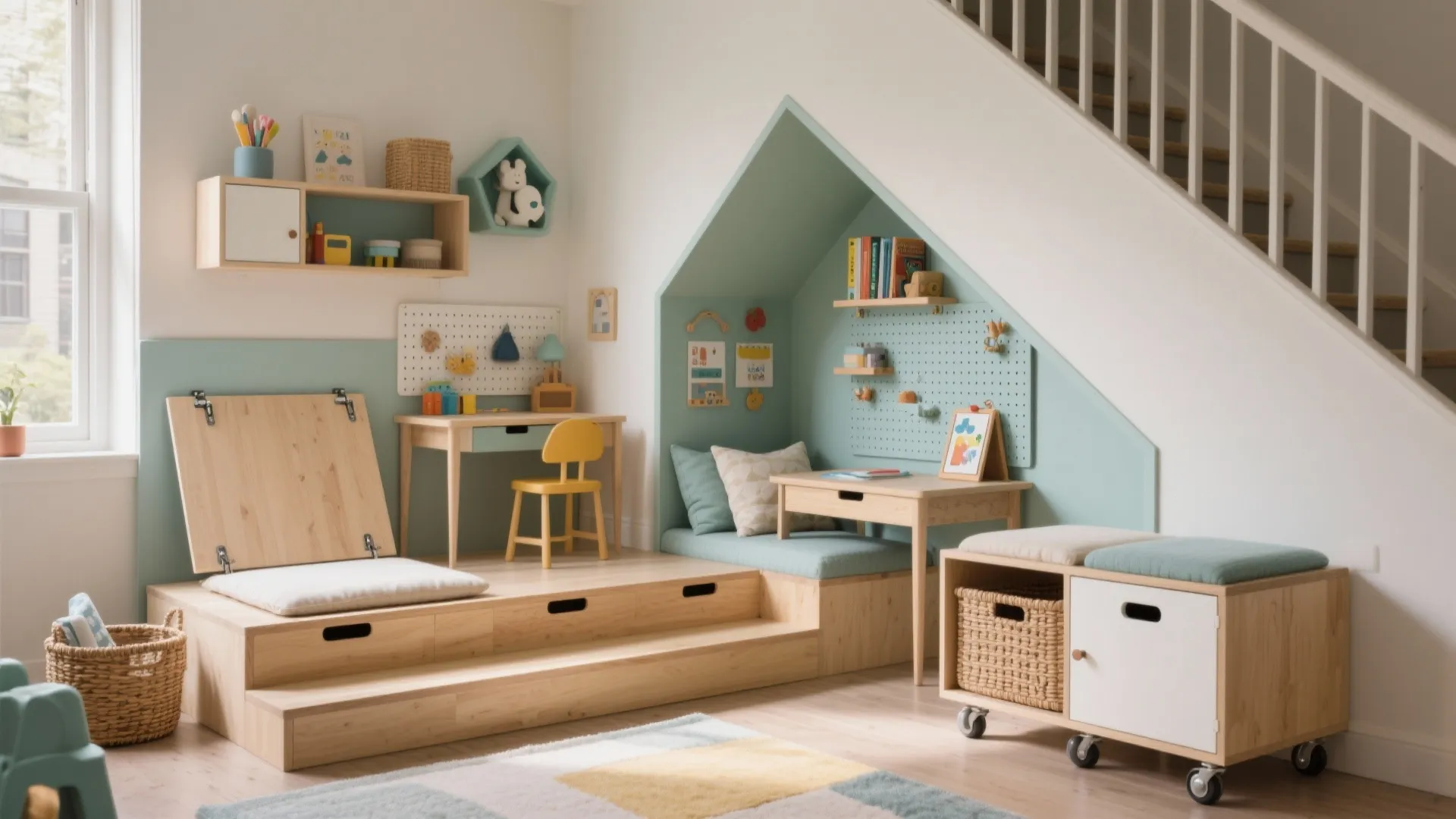 Kids study area under stairs with wooden desk yellow chair mint green wall and storage