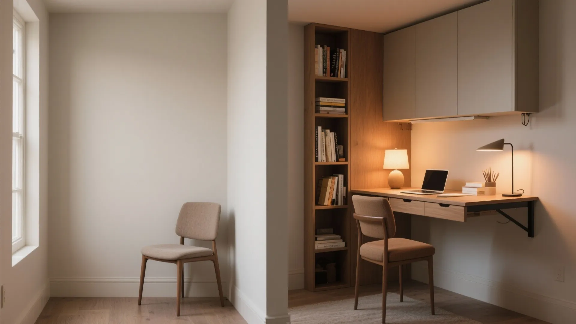 Small apartment corner showing a separate empty space and a functional home office desk setup