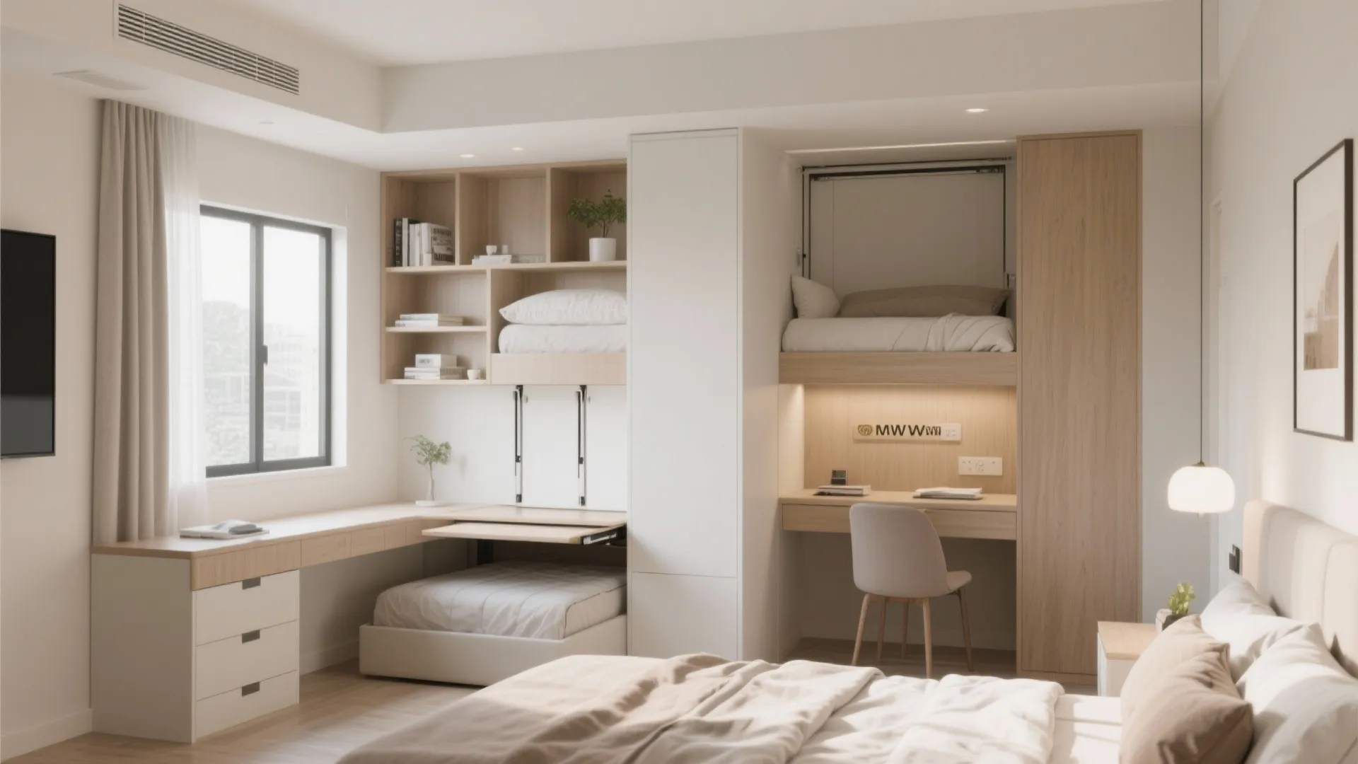 Modern multi functional bedroom with a built in desk wall shelving and a fold down bed