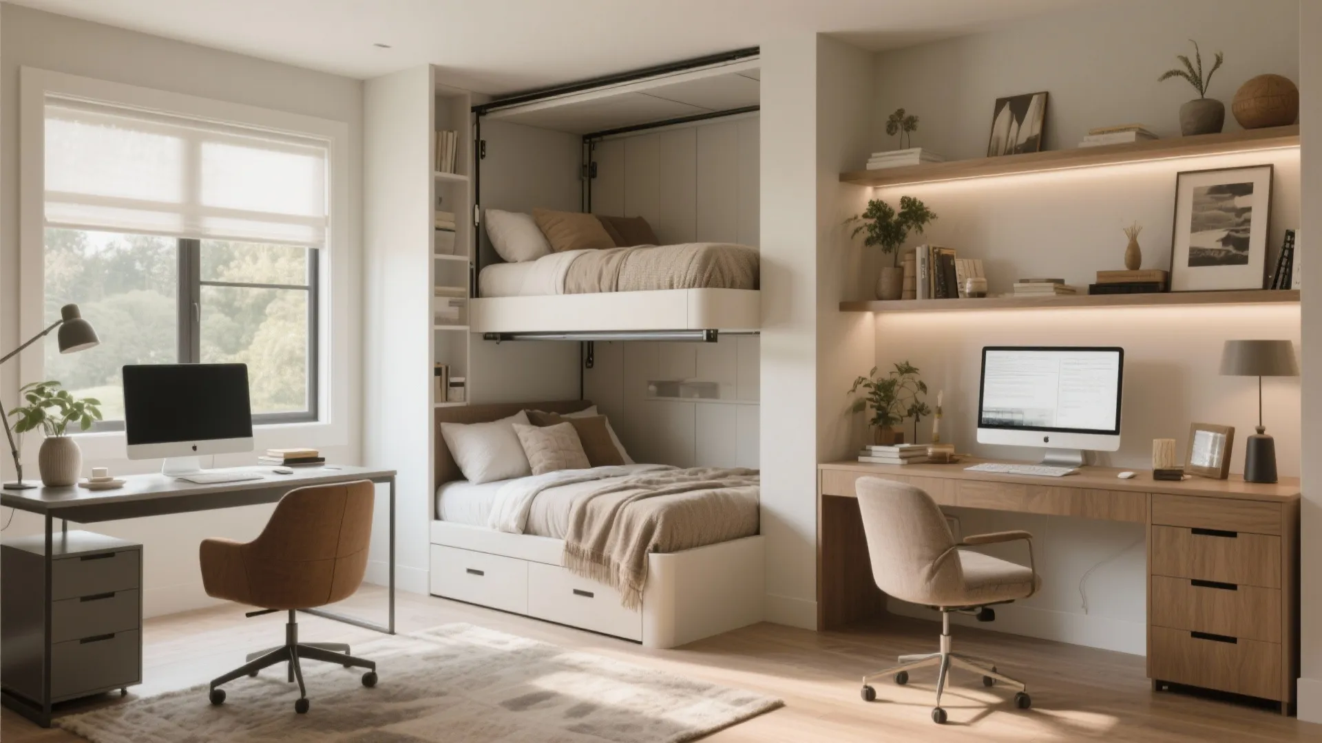 Modern home office and guest room with two computer desks and a built-in bunk bed
