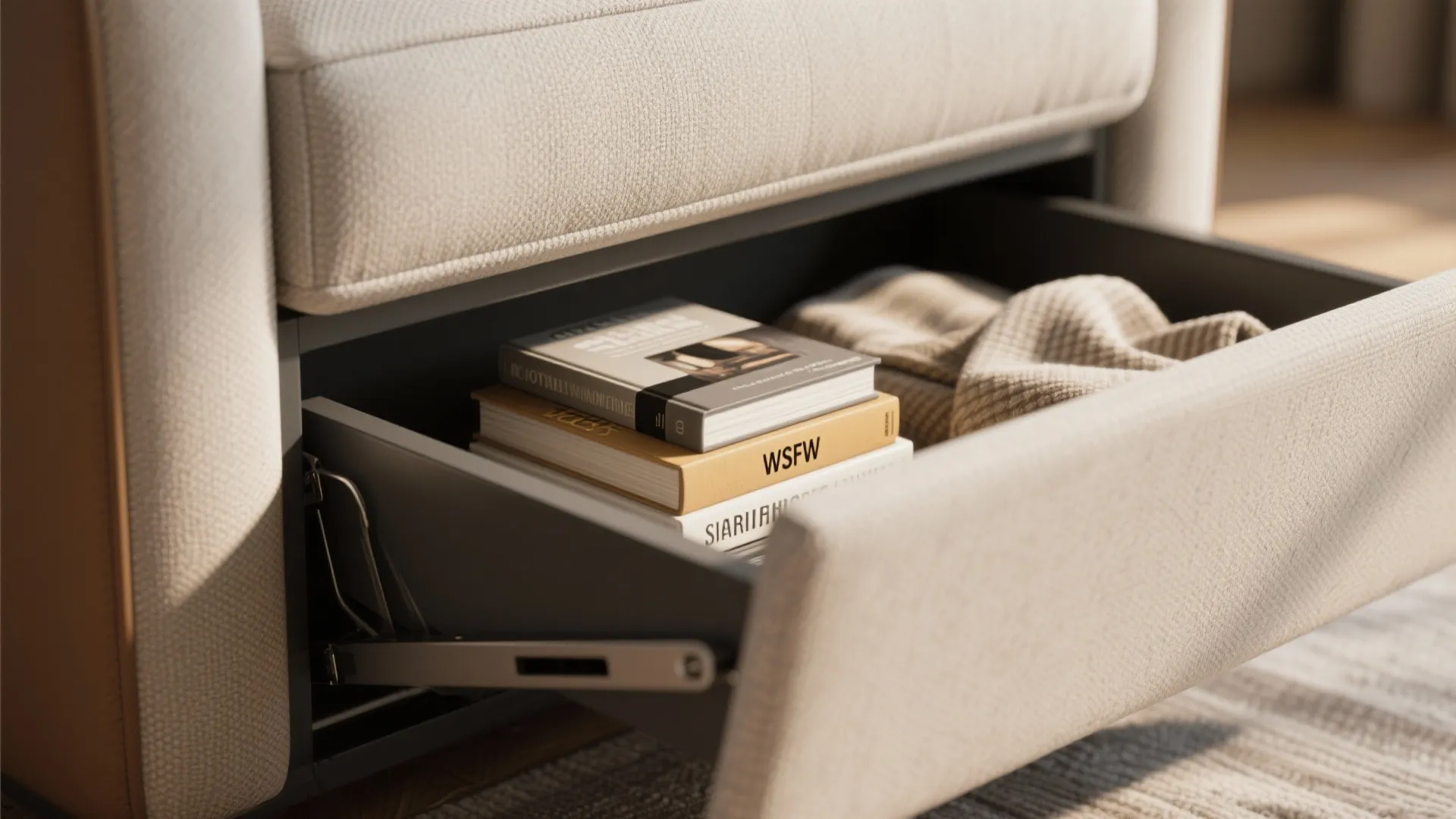 Close-up of under-seat storage in a dual-purpose recliner