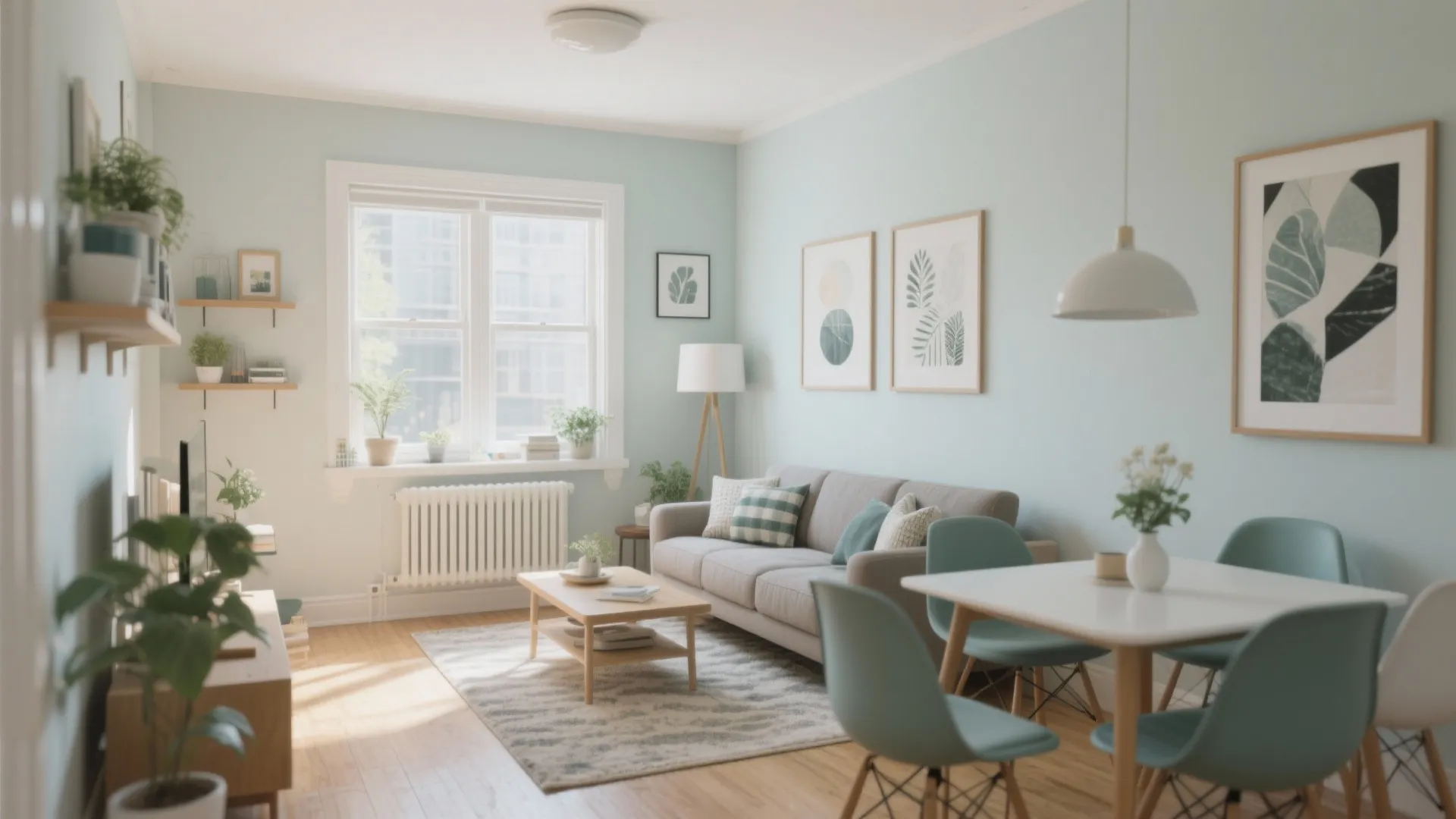Bright apartment interior showing combined living area and dining space with light blue wall paint