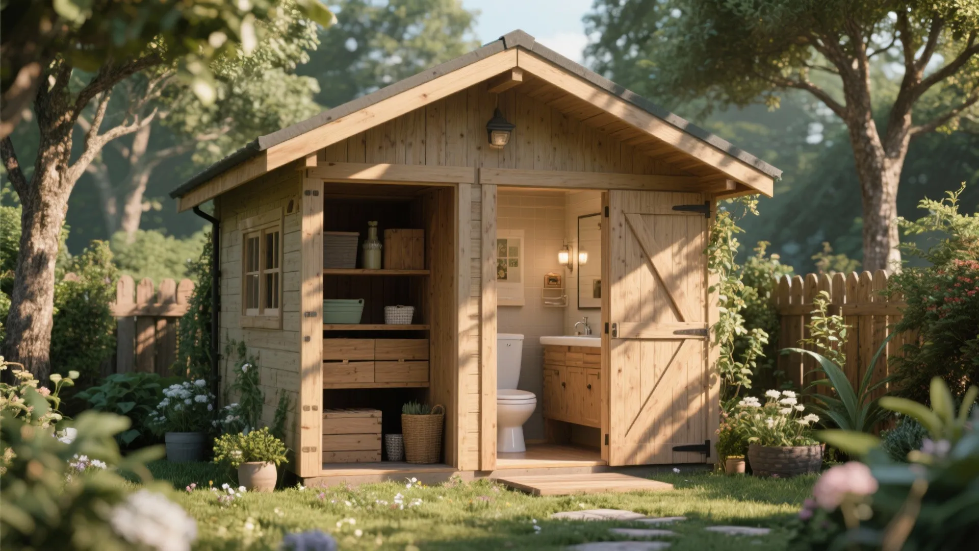 Small wooden garden shed with open doors revealing a functional toilet and organized storage shelves