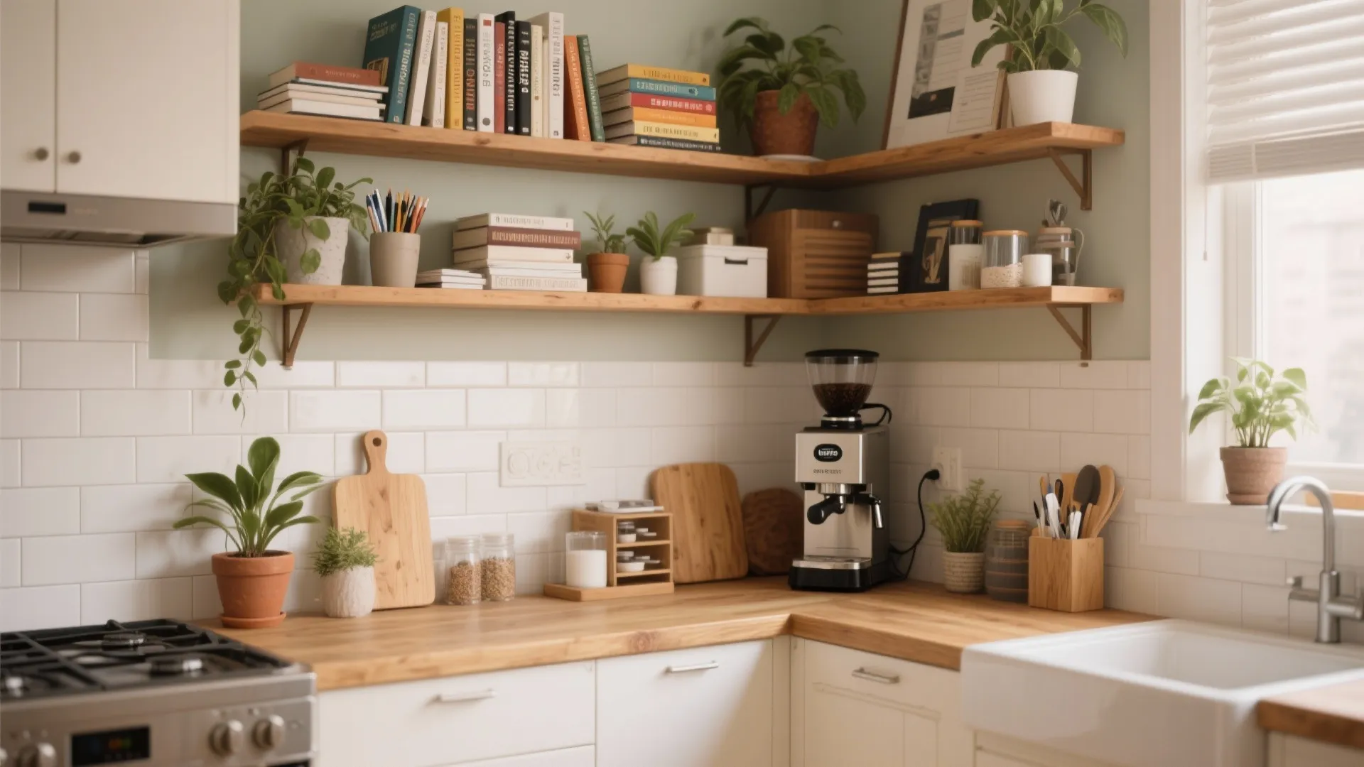 Open shelves storing both recipe books and office items above kitchen counter