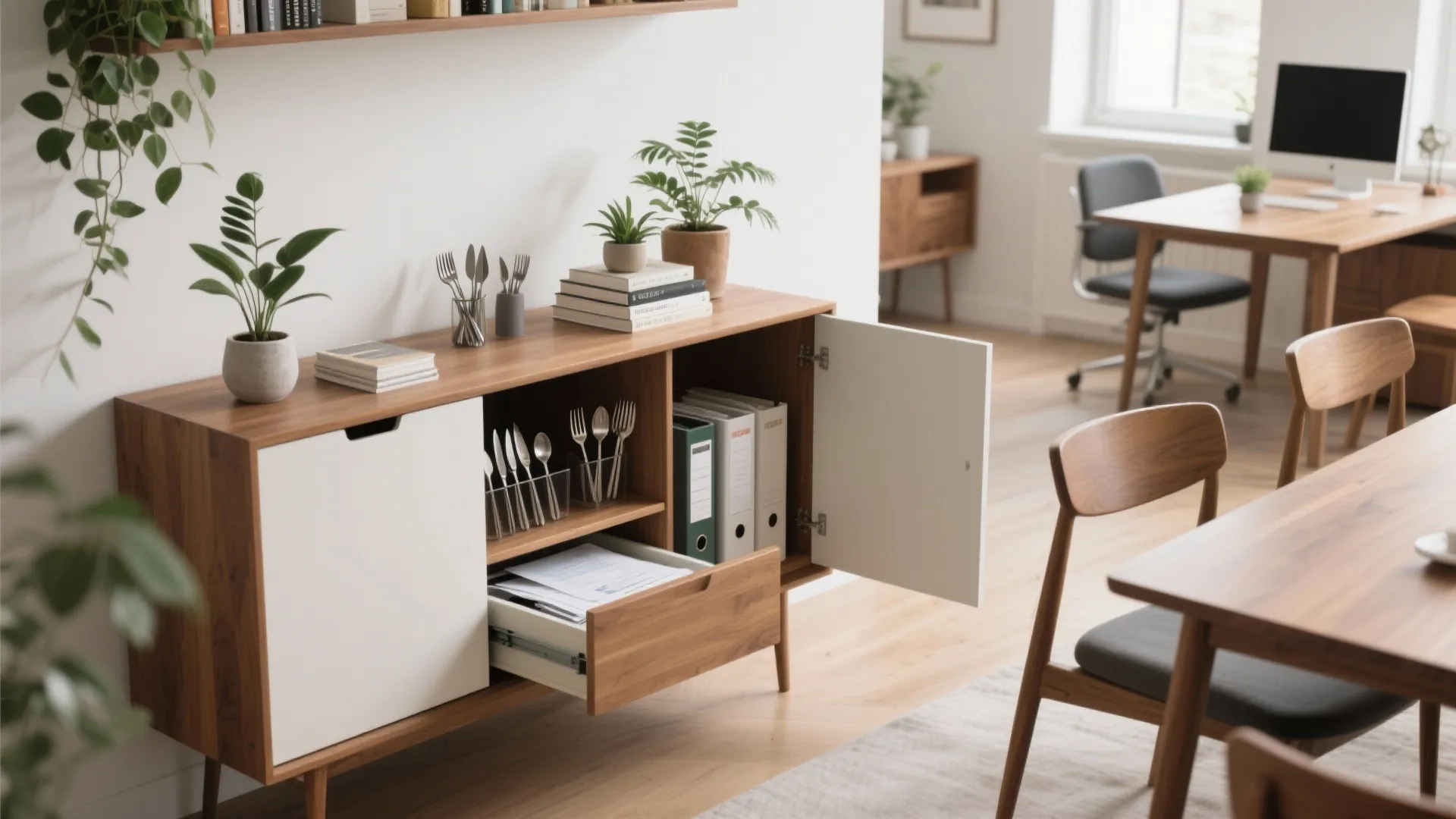 Wooden storage cabinet with open drawer and door showing files and cutlery in bright office room