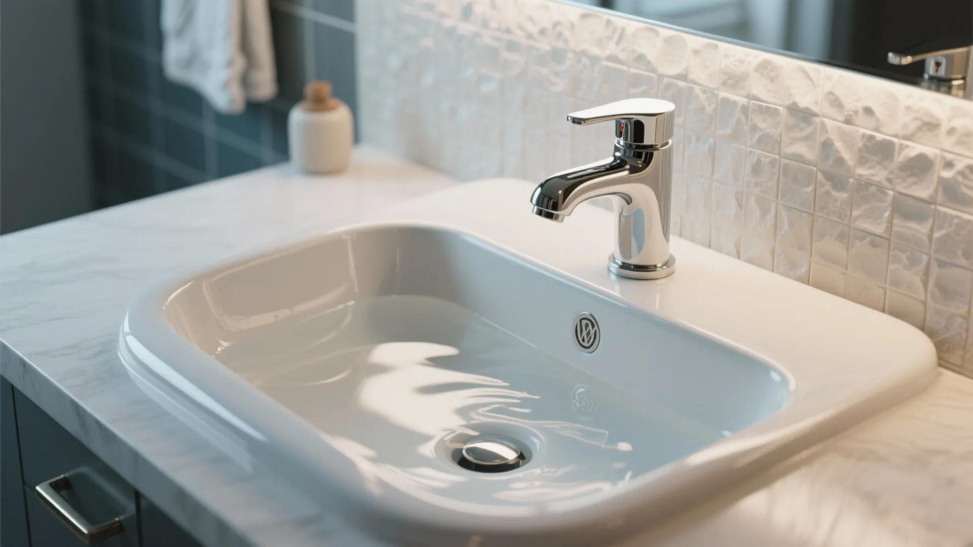 Close up of a white bathroom sink filled with water and a shiny chrome faucet