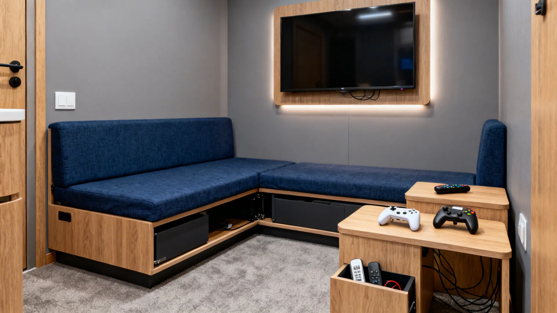 Compact sofa bed with storage, nesting tables, and a wall-mounted TV creating a flexible game and movie zone.