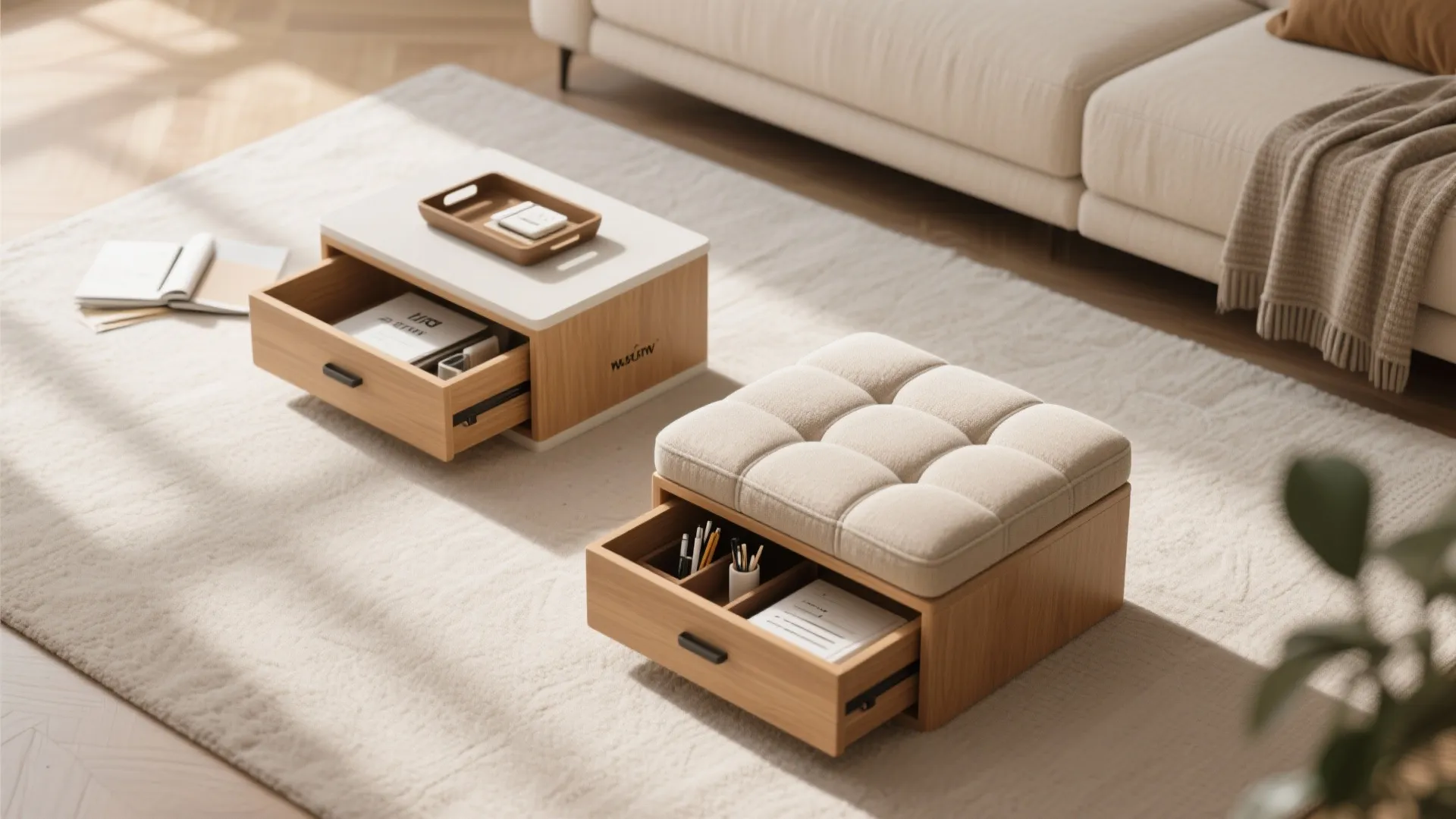 Square wooden footrest with open storage drawer on a white rug in a living room