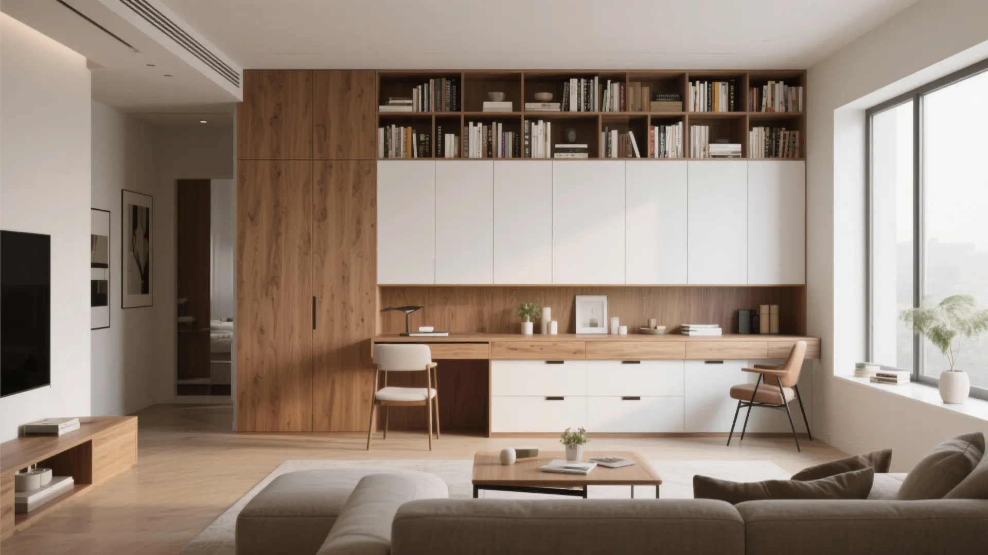 Modern home office area with wooden wall cabinets integrated desk chairs books and large bright windows