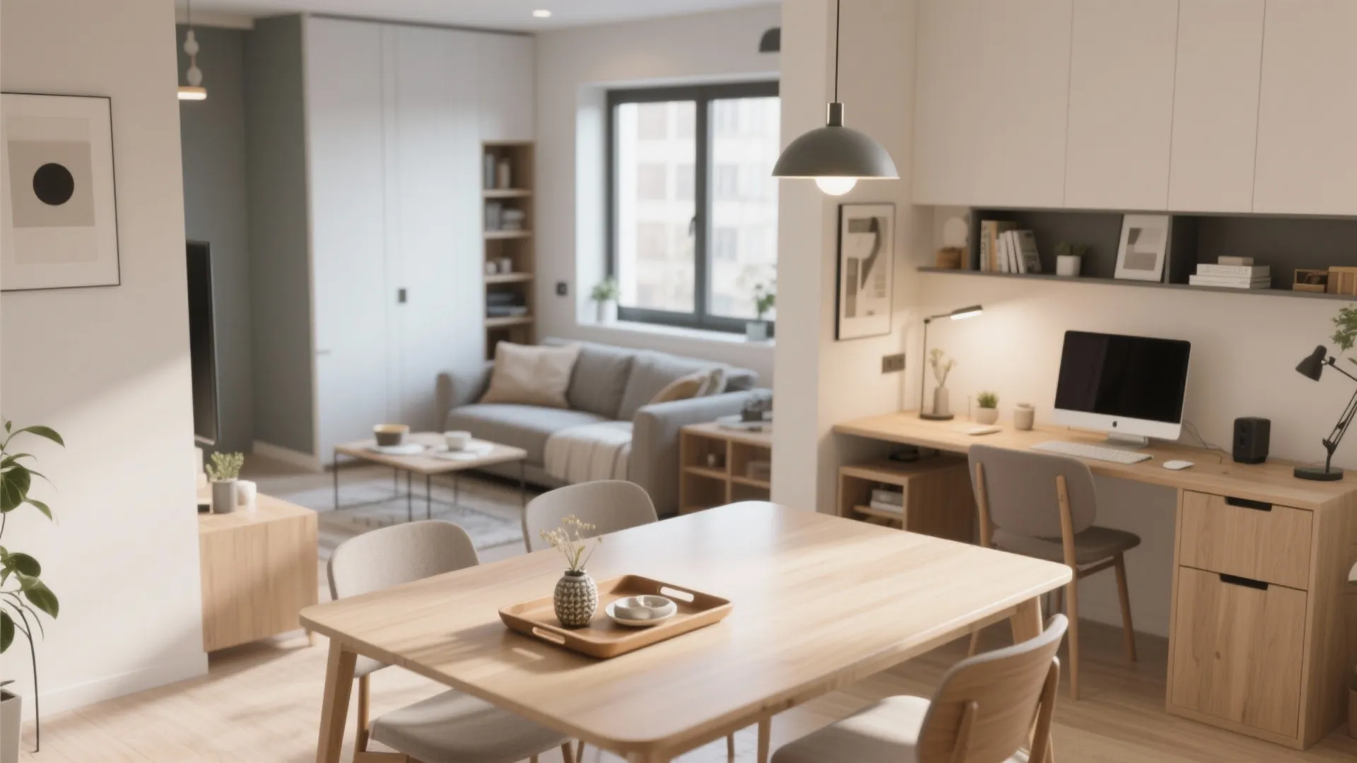 Small open-plan space with table used for dining and work