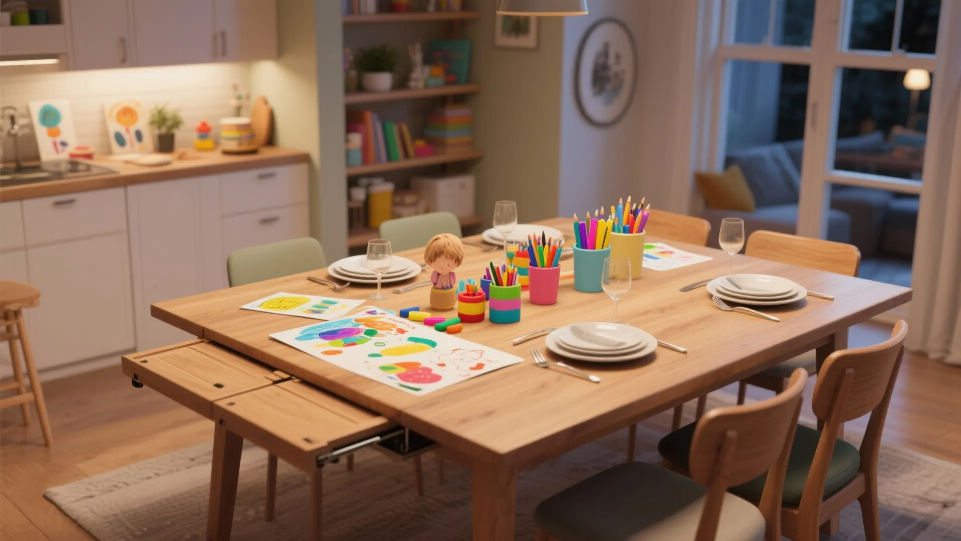 Wooden dining table used for family meals and children's drawing activities in a bright kitchen area