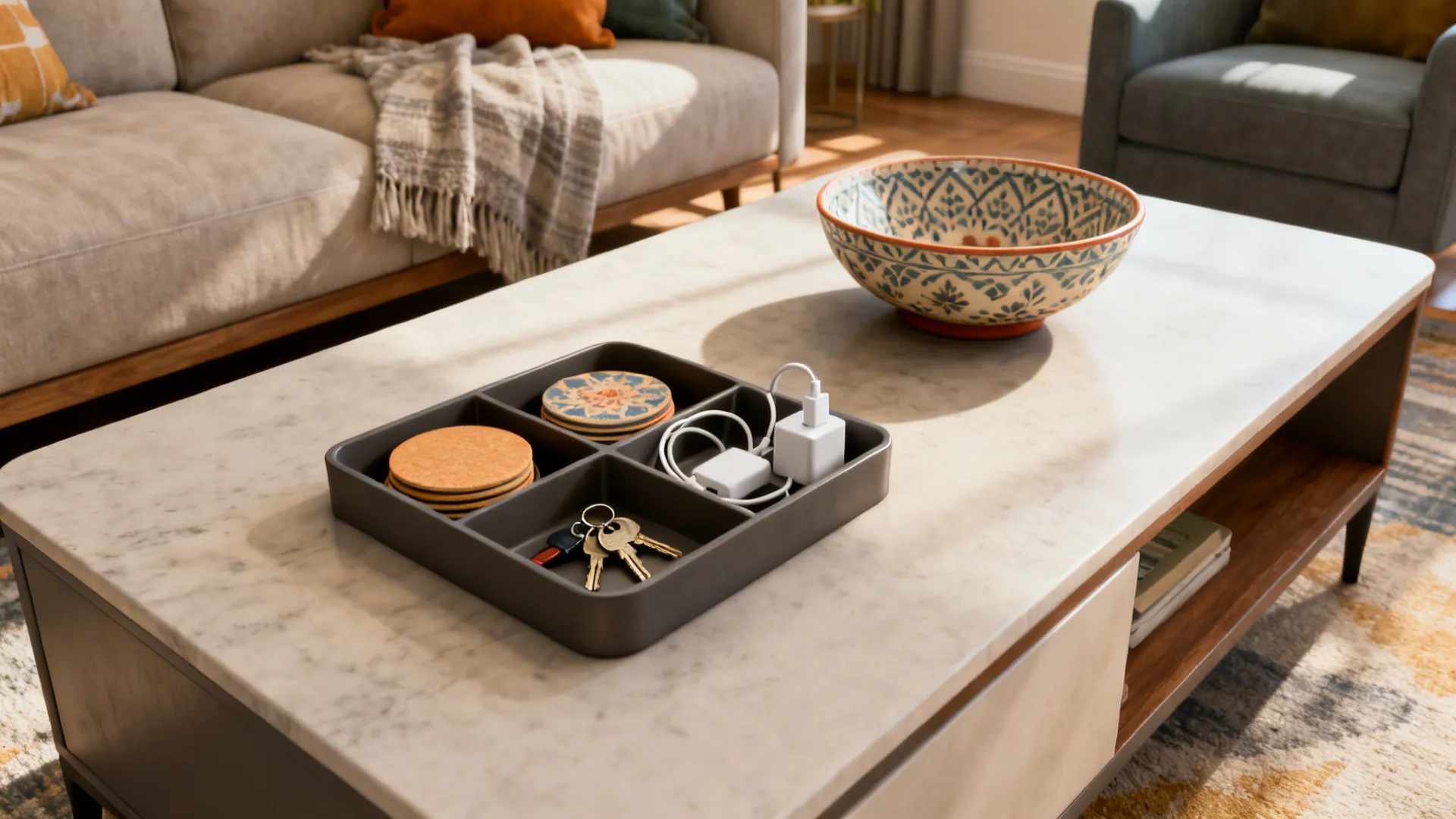 Divided tray on a coffee table holding coasters, keys and chargers in a family-friendly living room