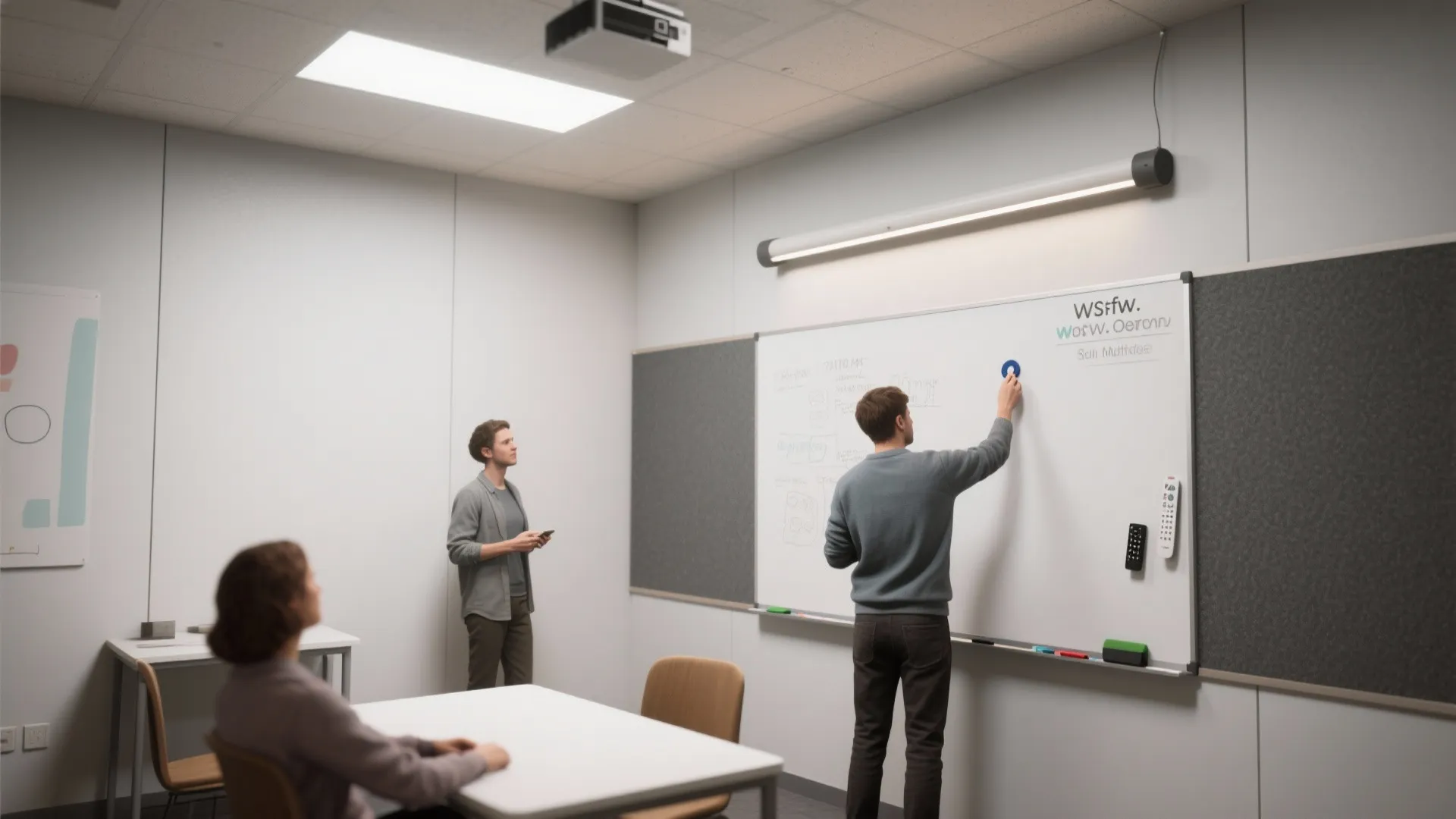 Modern office space showing people working with a large whiteboard during a room layout meeting