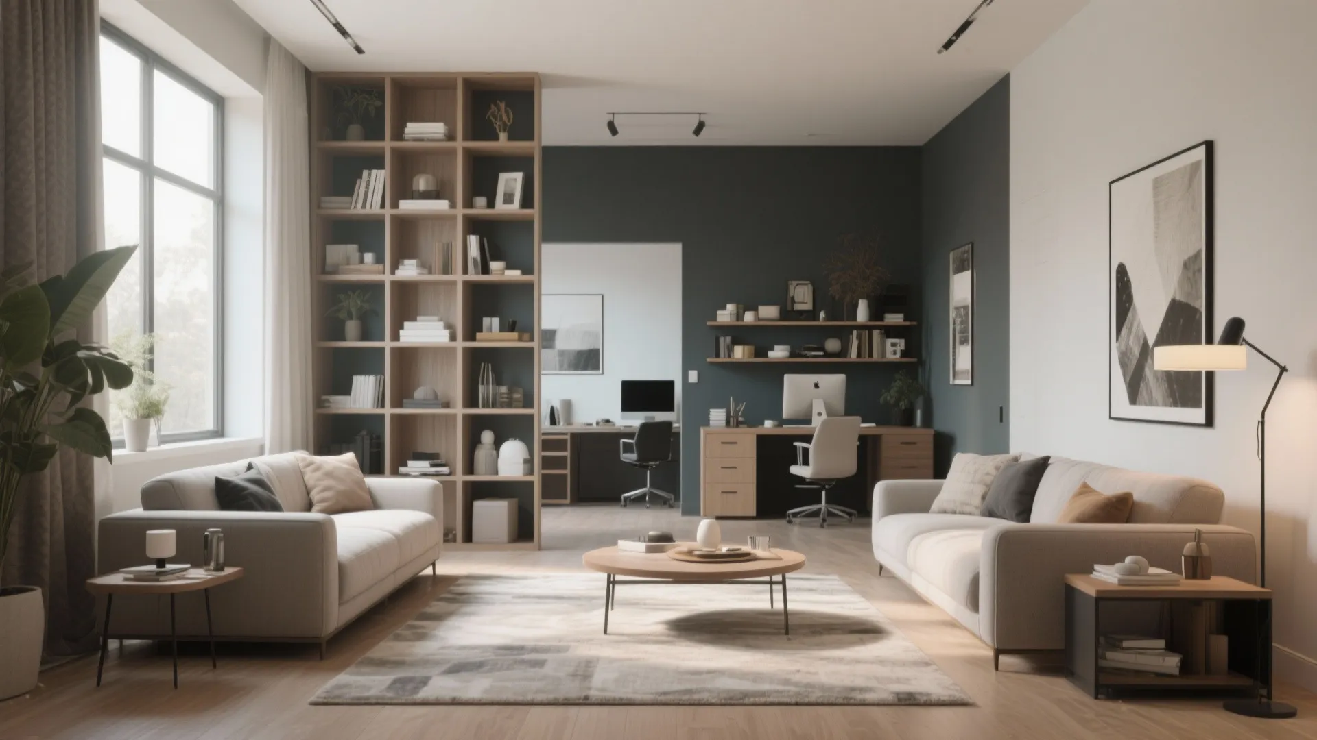 Living room with sofas and a tall wooden bookshelf separating a home office with a desk