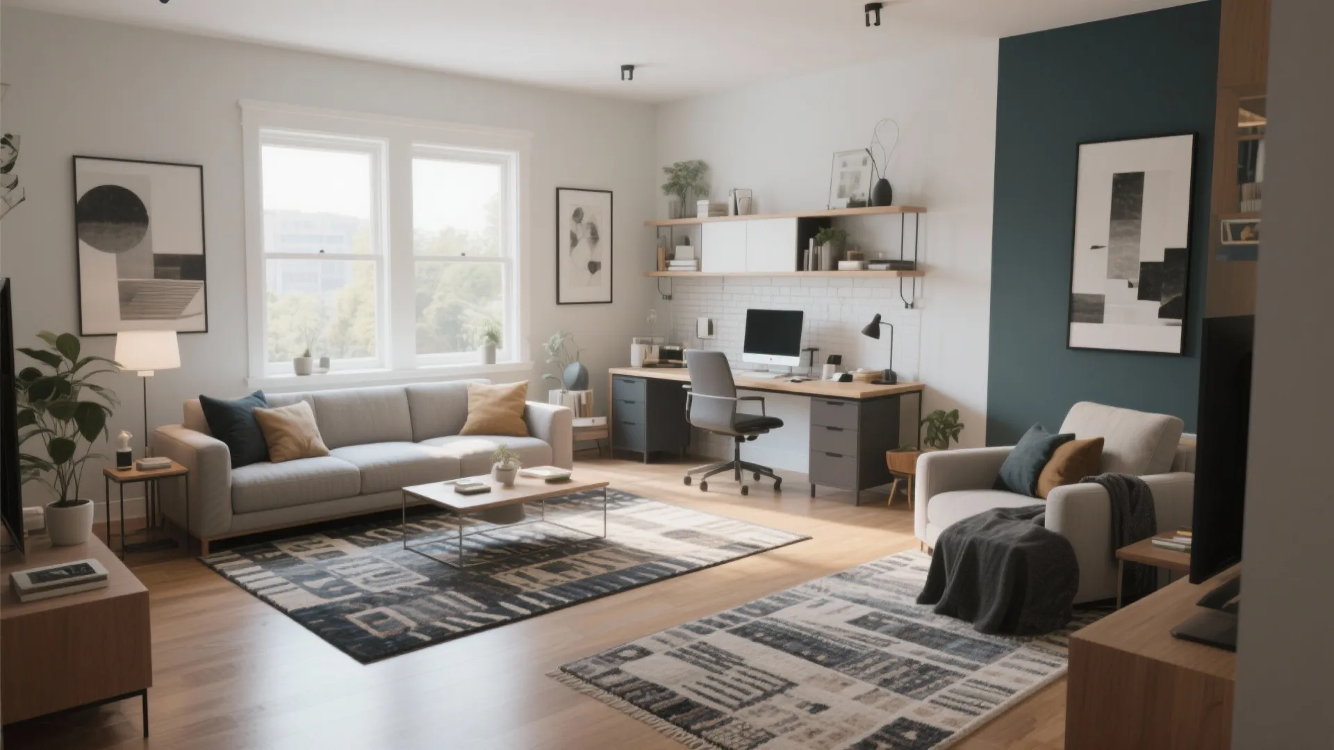 Modern home office and living room combo with grey sofa wooden desk and blue wall