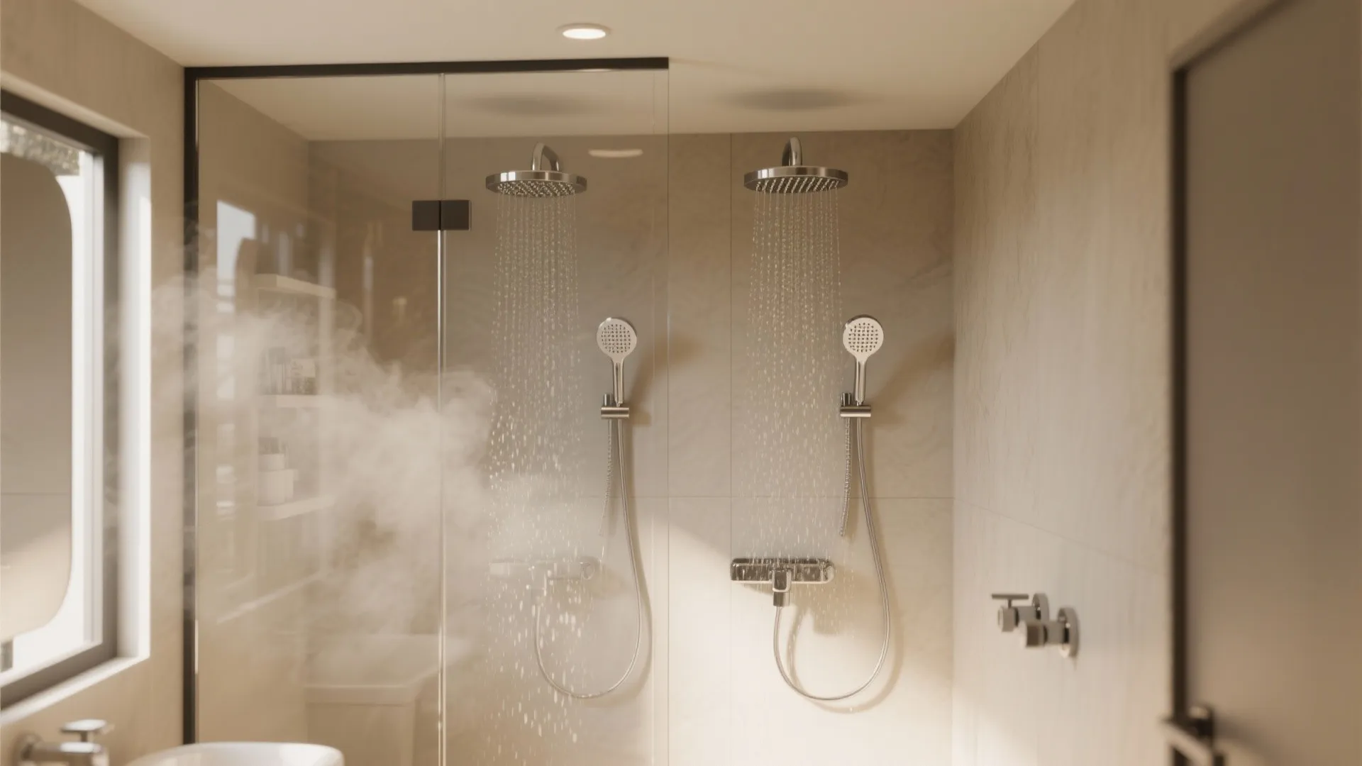 Shower with dual rain showerheads in modern tiling