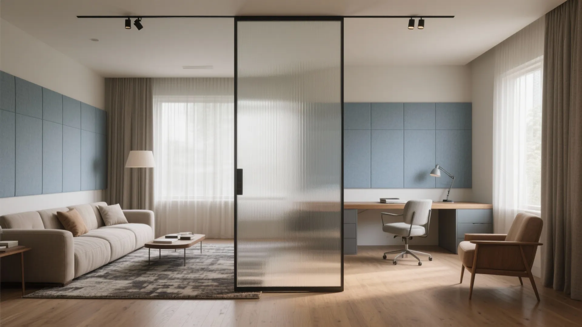 Modern room layout with glass divider separating a living area sofa from a home office