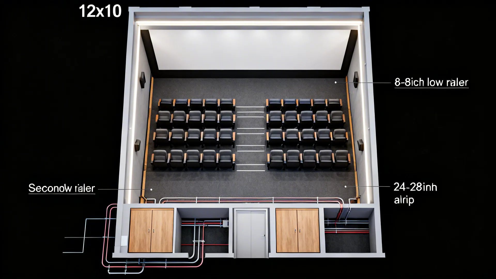 Top-down layout of dual-row low-back seating with a low riser and a 24–28 inch aisle in a 12x10 room.