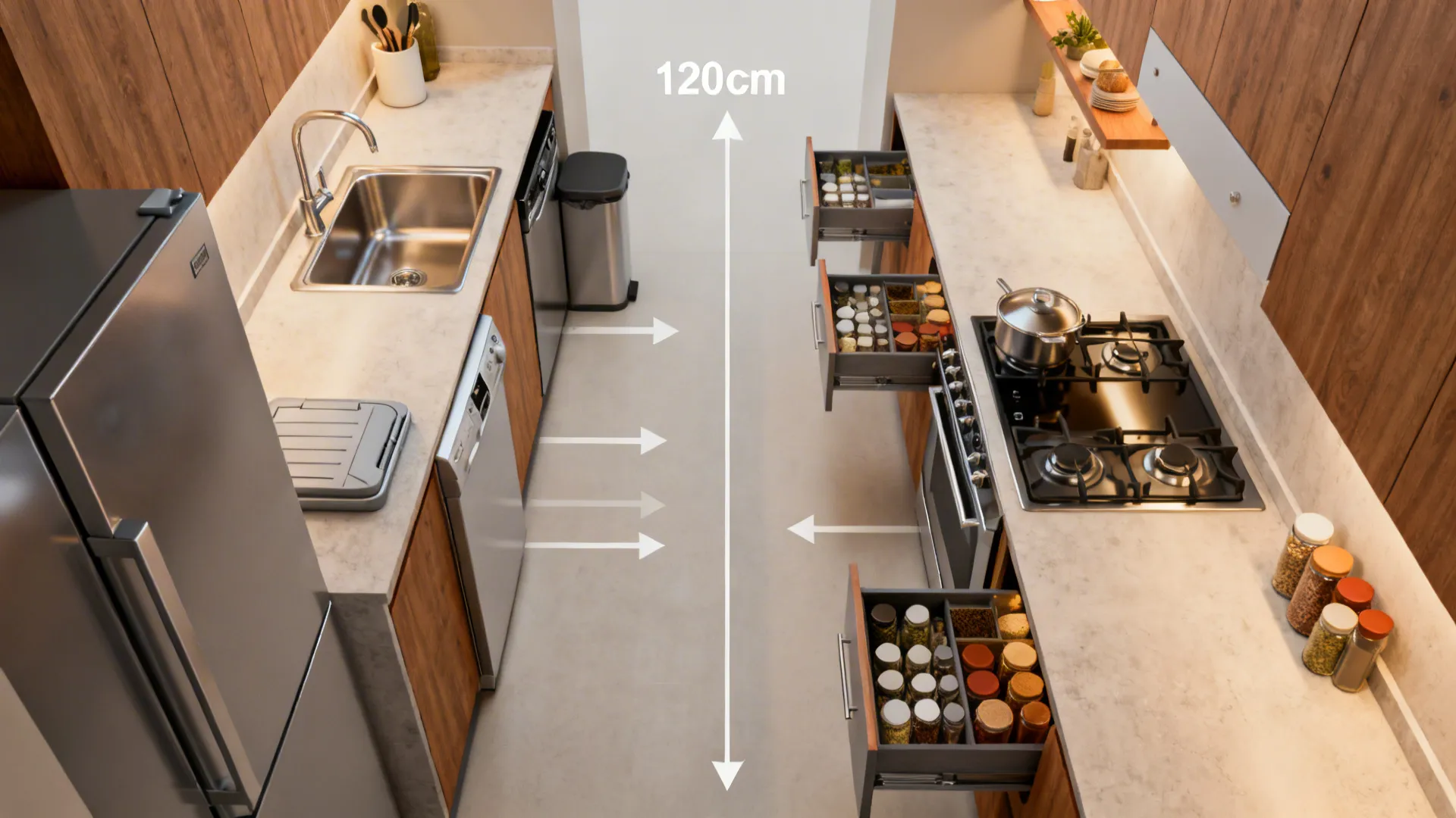 Top-down view of parallel kitchen with prep-clean run opposite a cook-plating run.