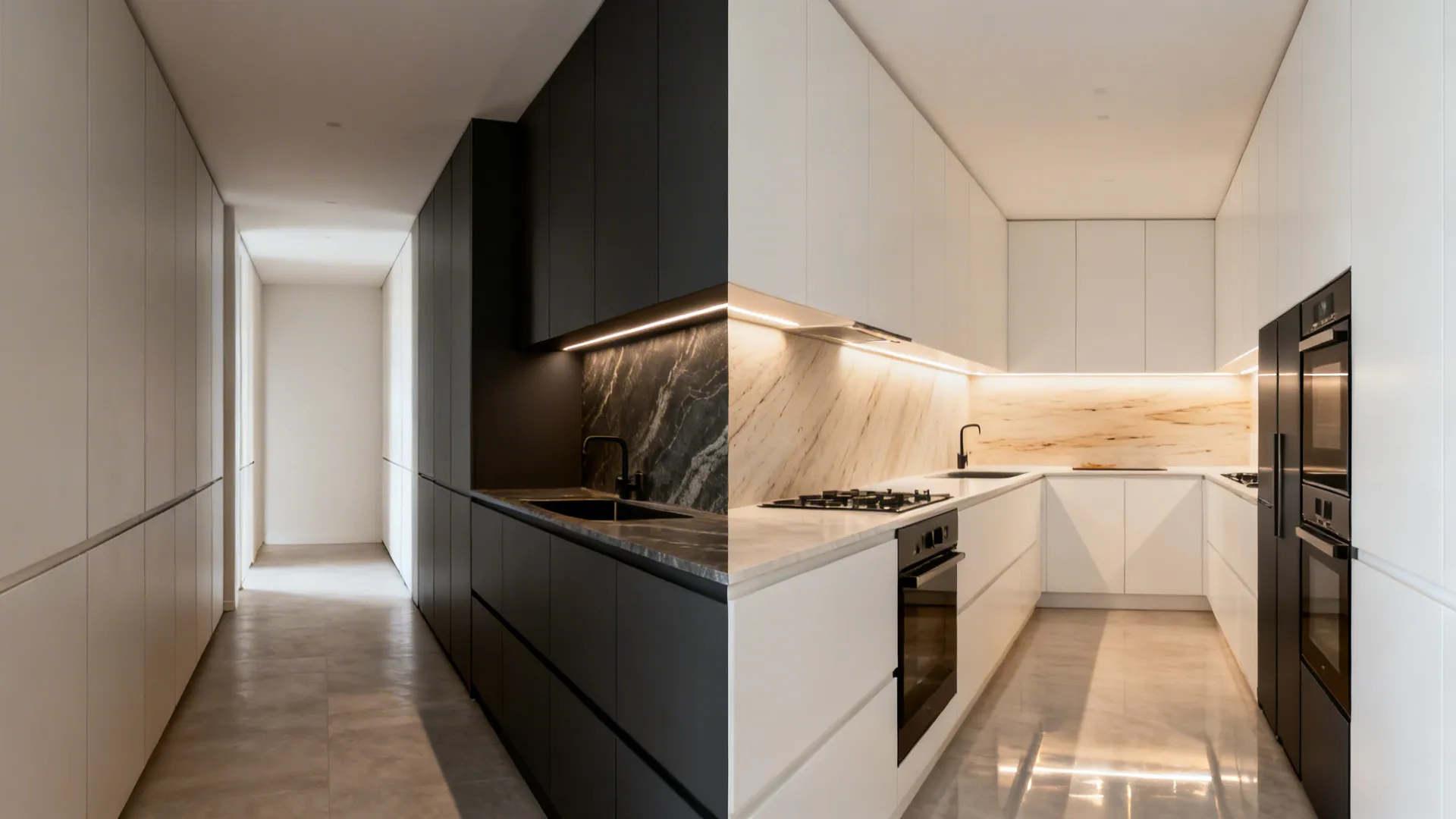 Before-and-after comparison showing a two-tone parallel kitchen with one dark run and one light run.
