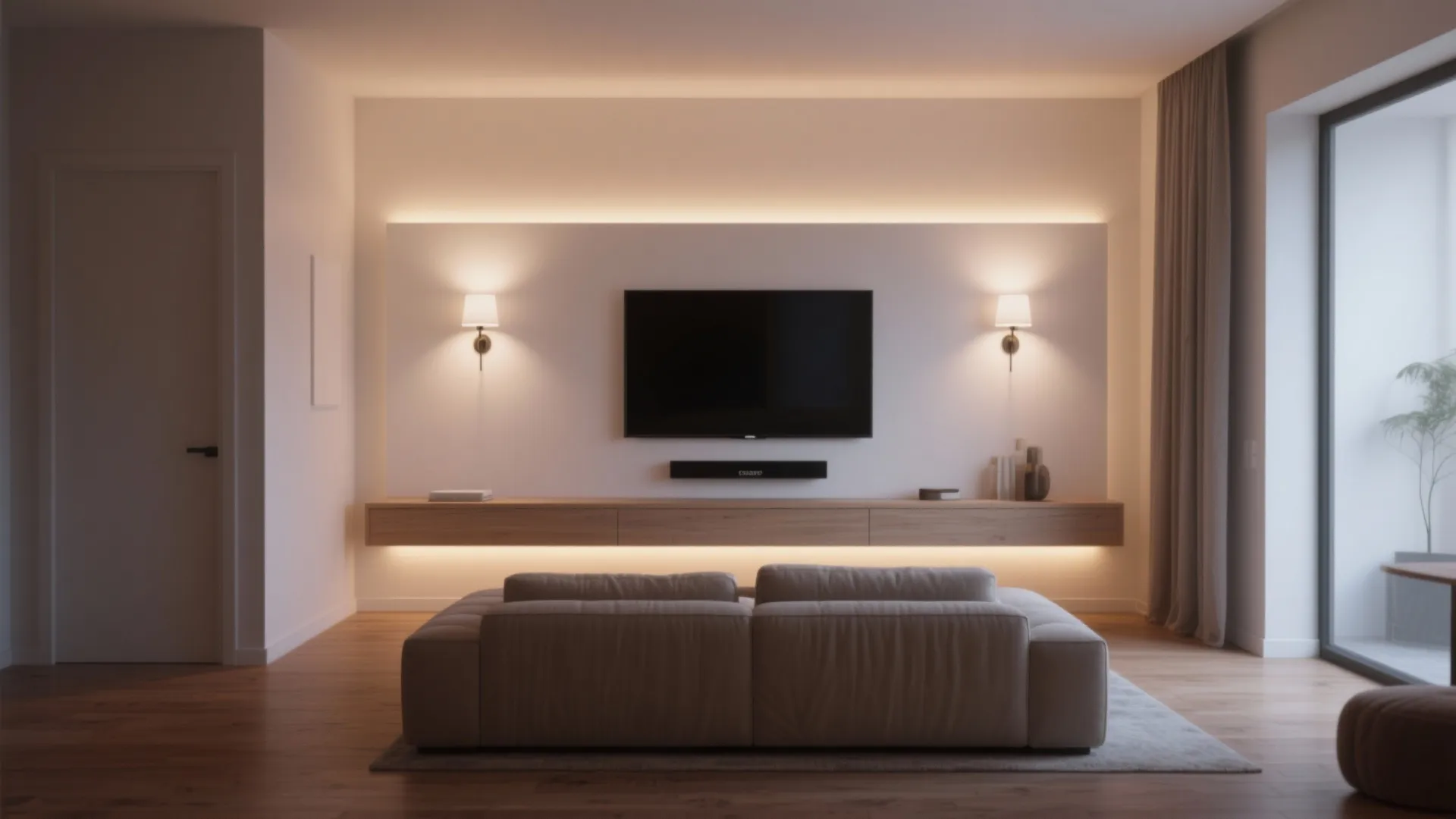 2. Layered ambient lighting with dual white sconces