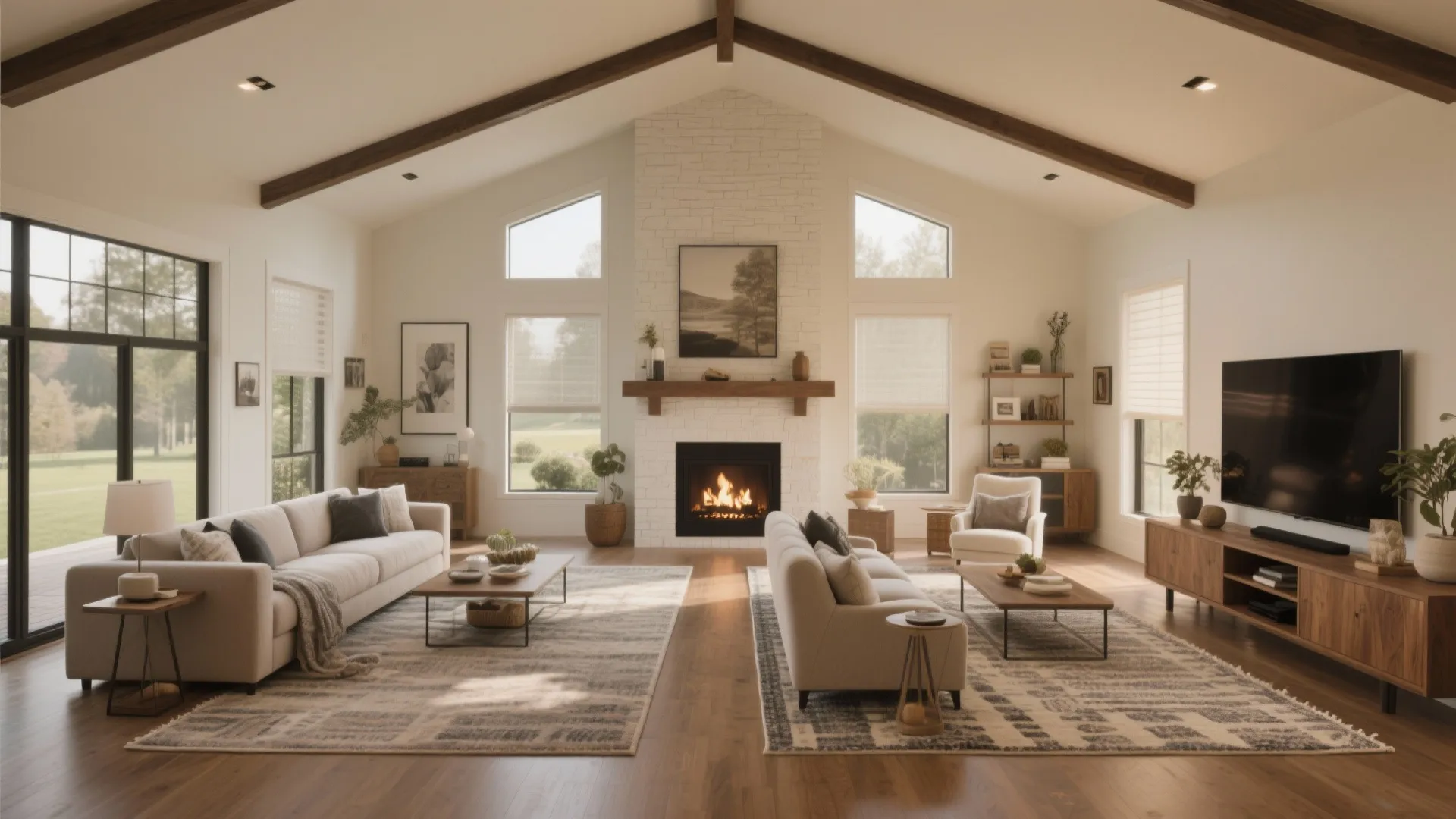 Spacious living room with vaulted ceiling fireplace two sofas wood coffee tables and large tv stand