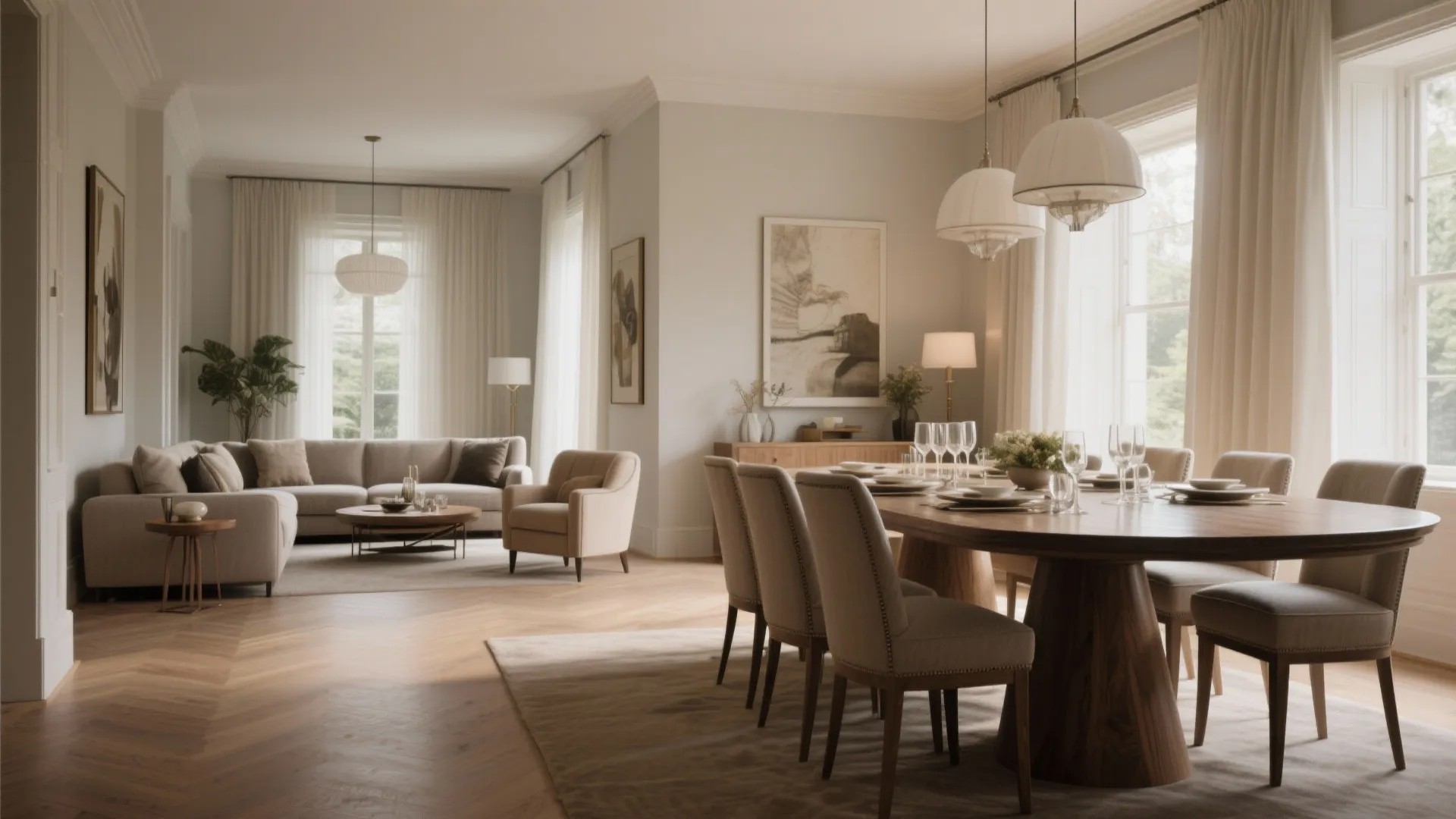 Elegant open plan living room with beige sofa wooden dining table comfortable chairs and natural light