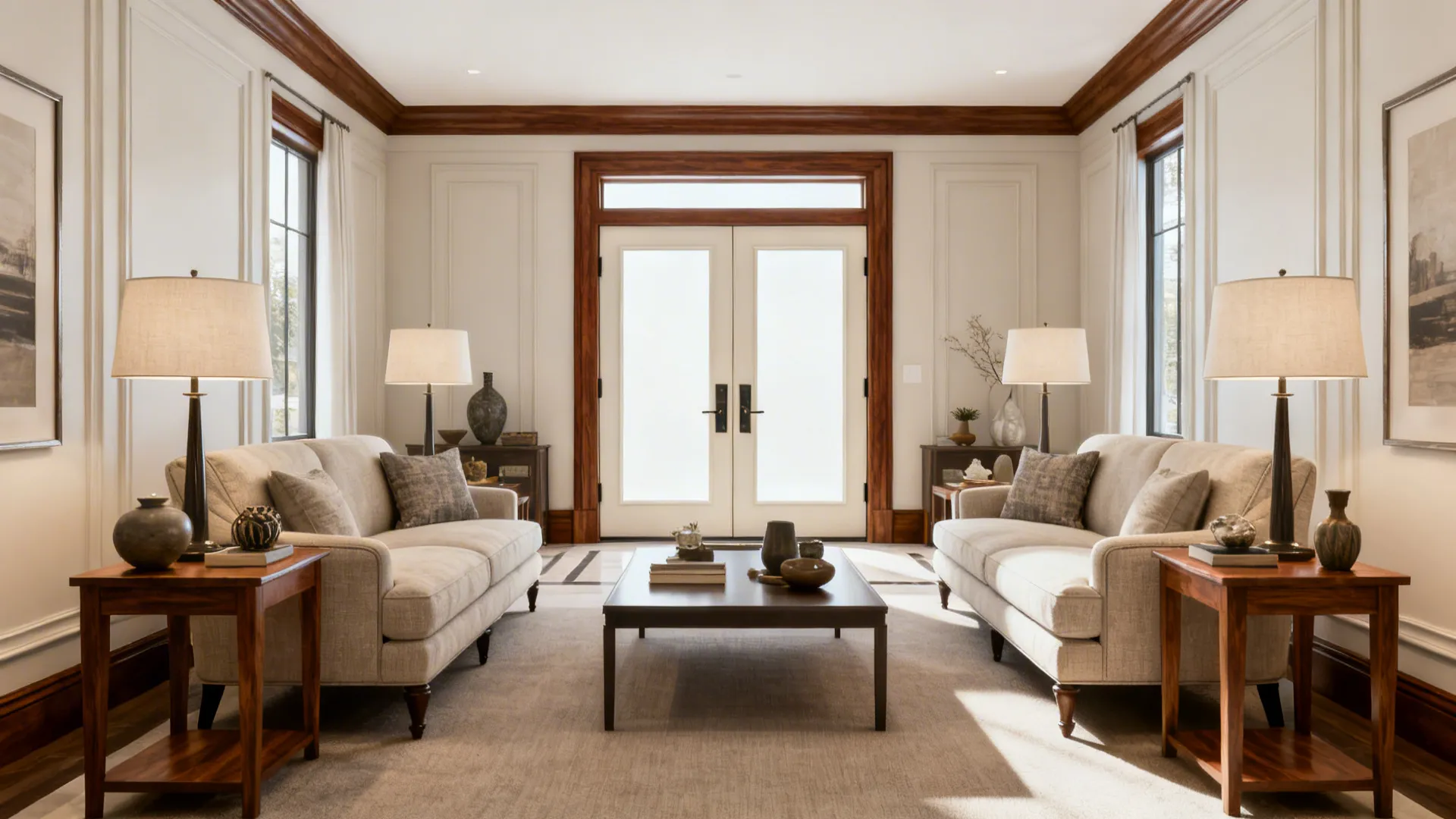 Symmetrical living room with two identical chairs flanking a centered front door and a low coffee table.