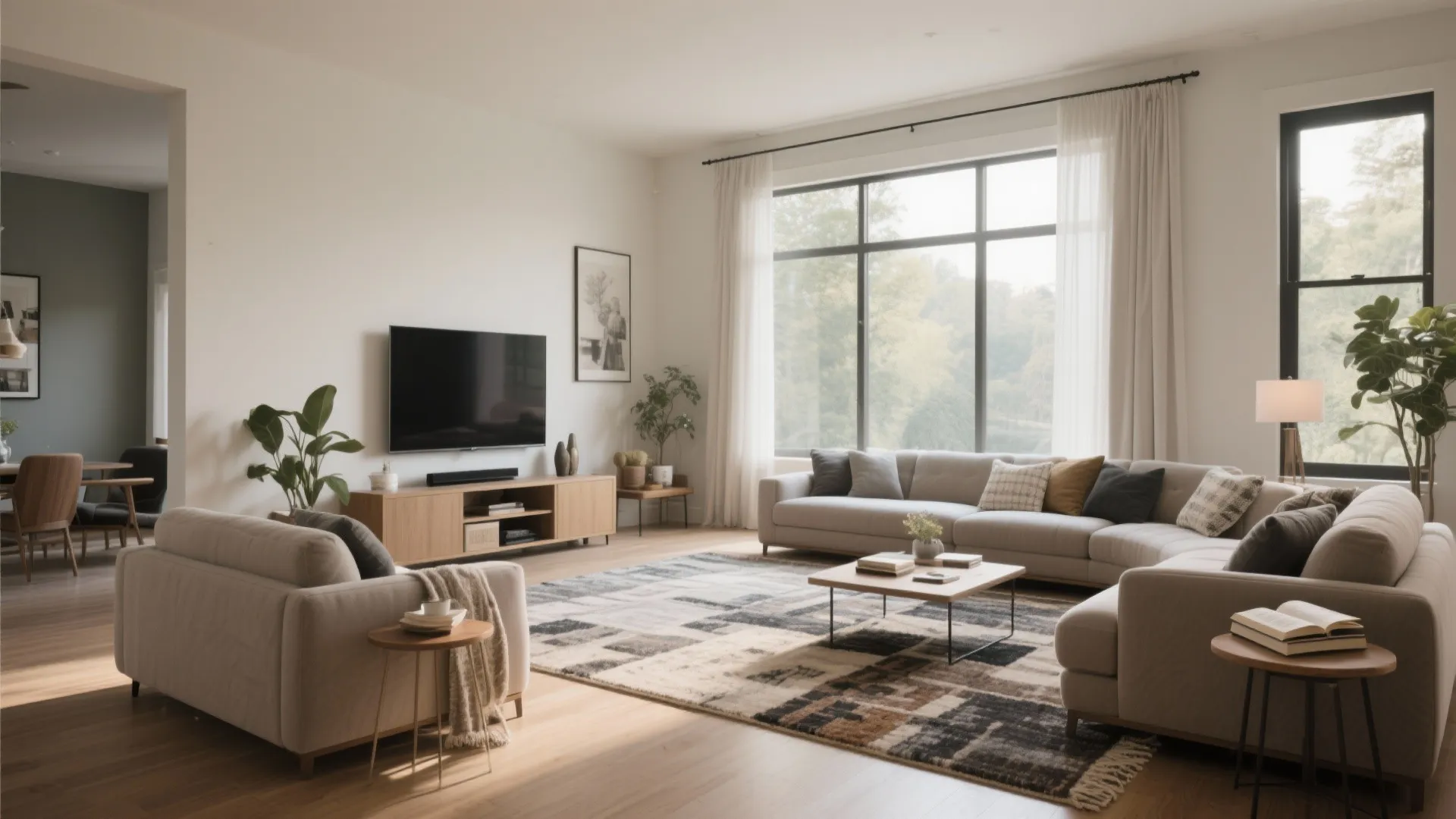 Modern living room featuring grey sectional sofa wooden cabinet large window white curtains and rug