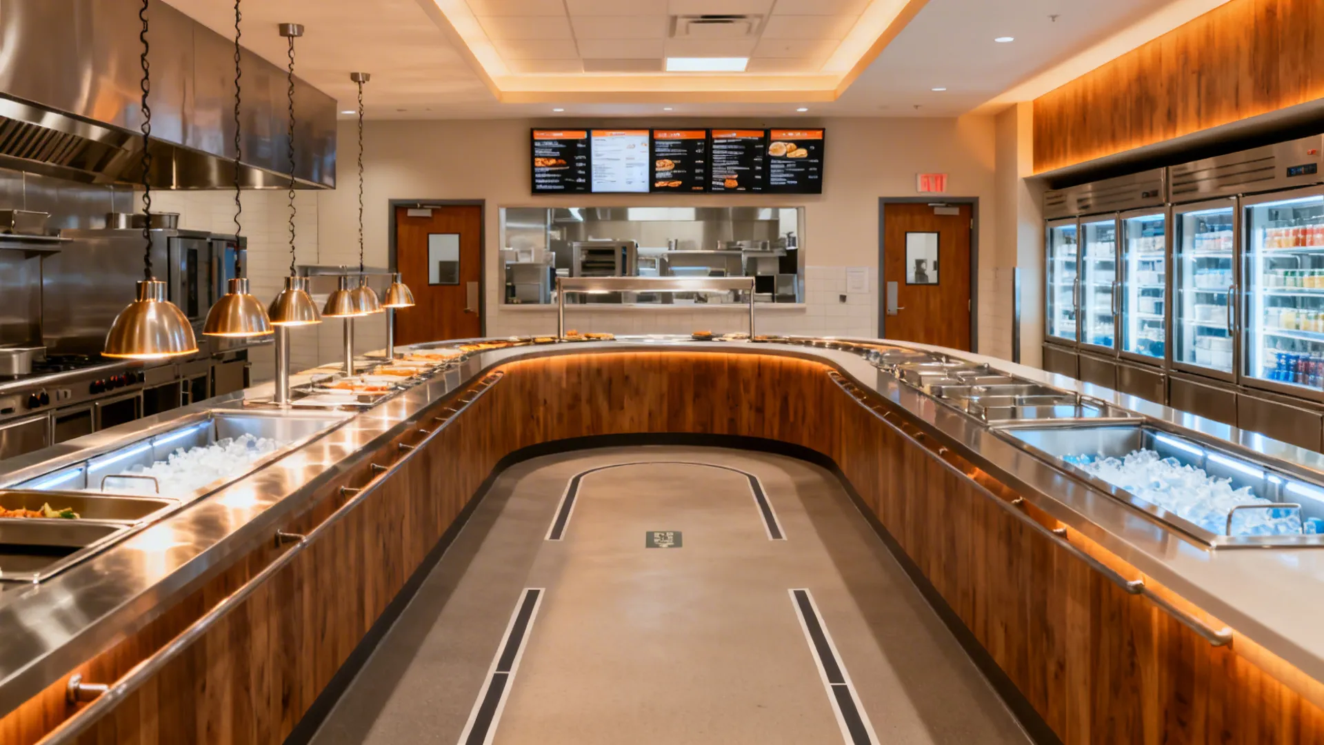 Modern cafeteria with a curved wood counter hanging lights digital menus and large glass refrigerators