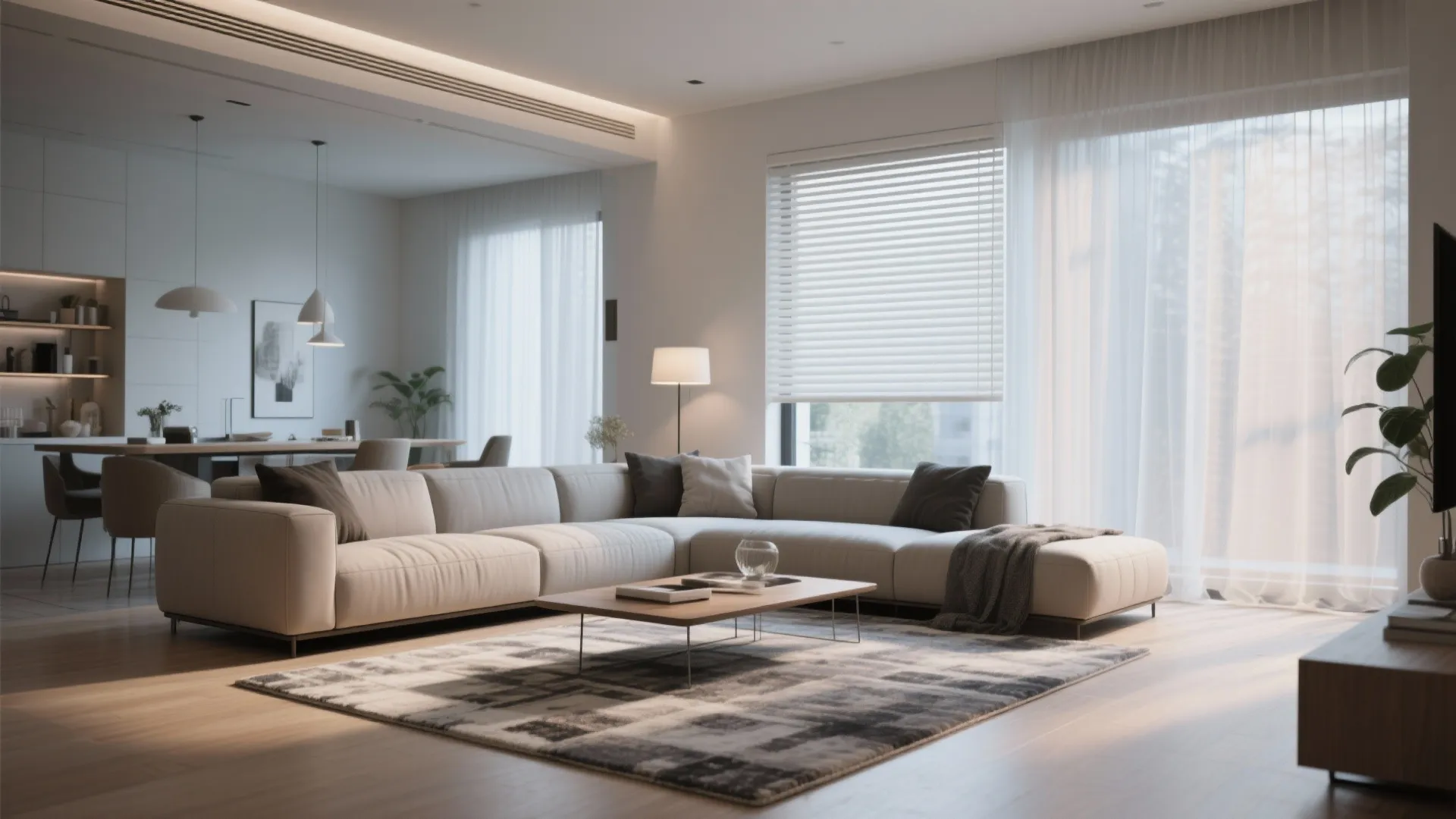 Open plan living room with dual shades for flexible lighting