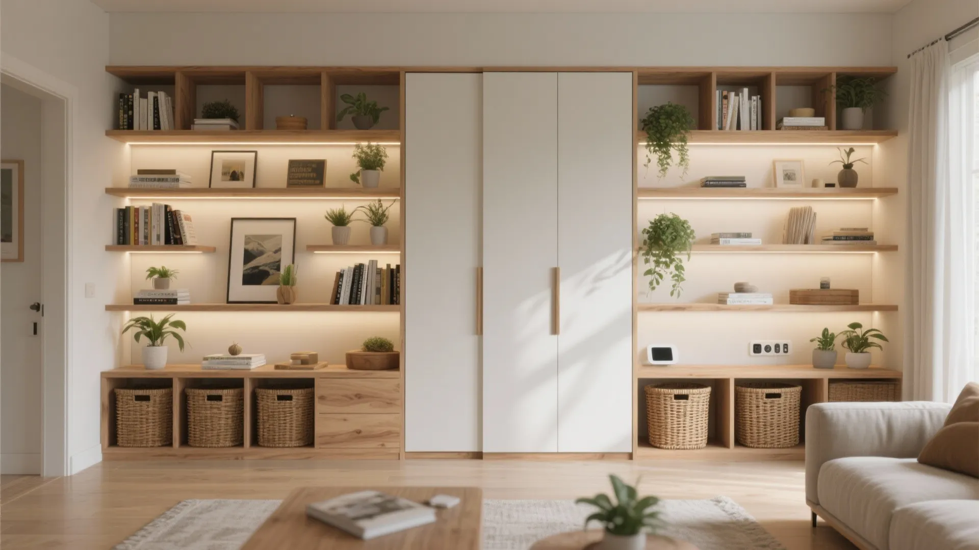 Modern wooden storage wall with white doors, open shelves, warm light, green plants, and books