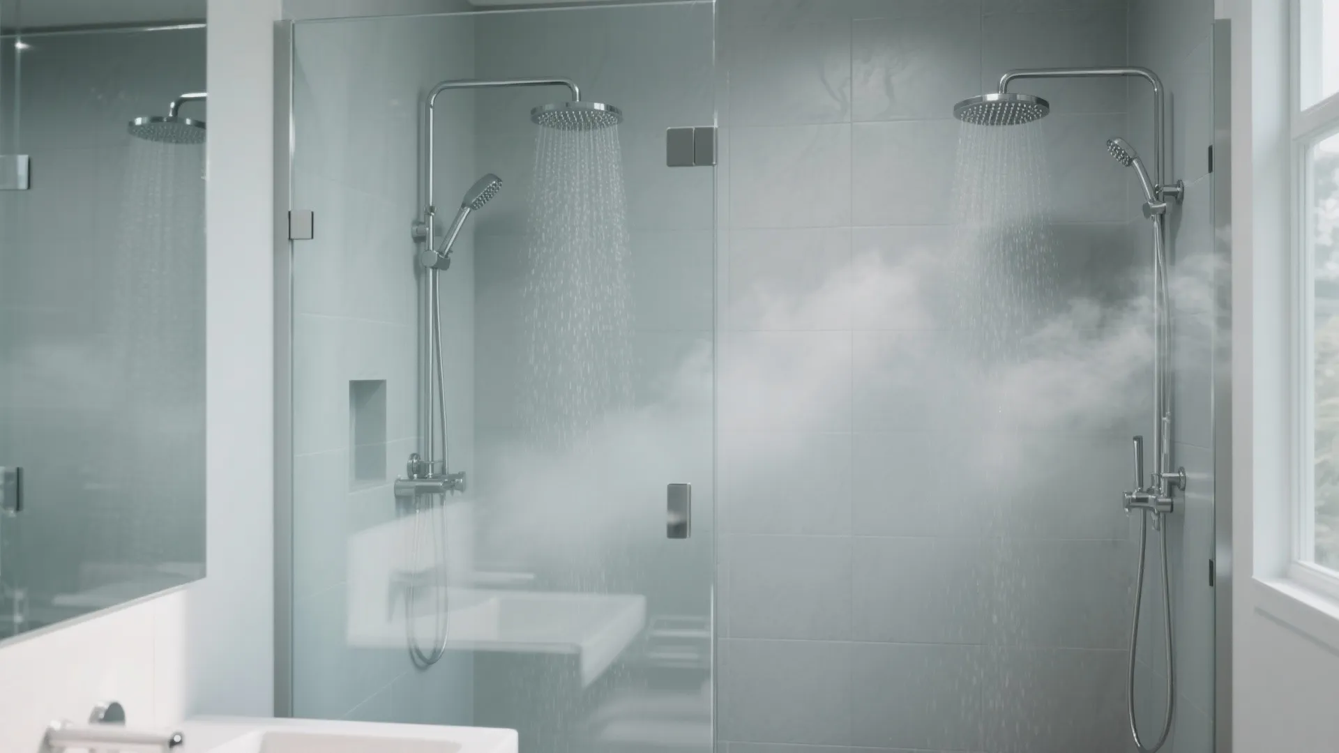 Modern walk-in shower with two chrome shower heads running water inside a glass bathroom stall