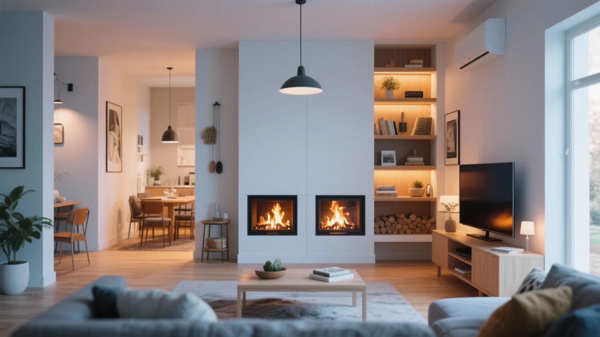 Modern white living room with dual electric fireplace wooden shelves ceiling light and television stand