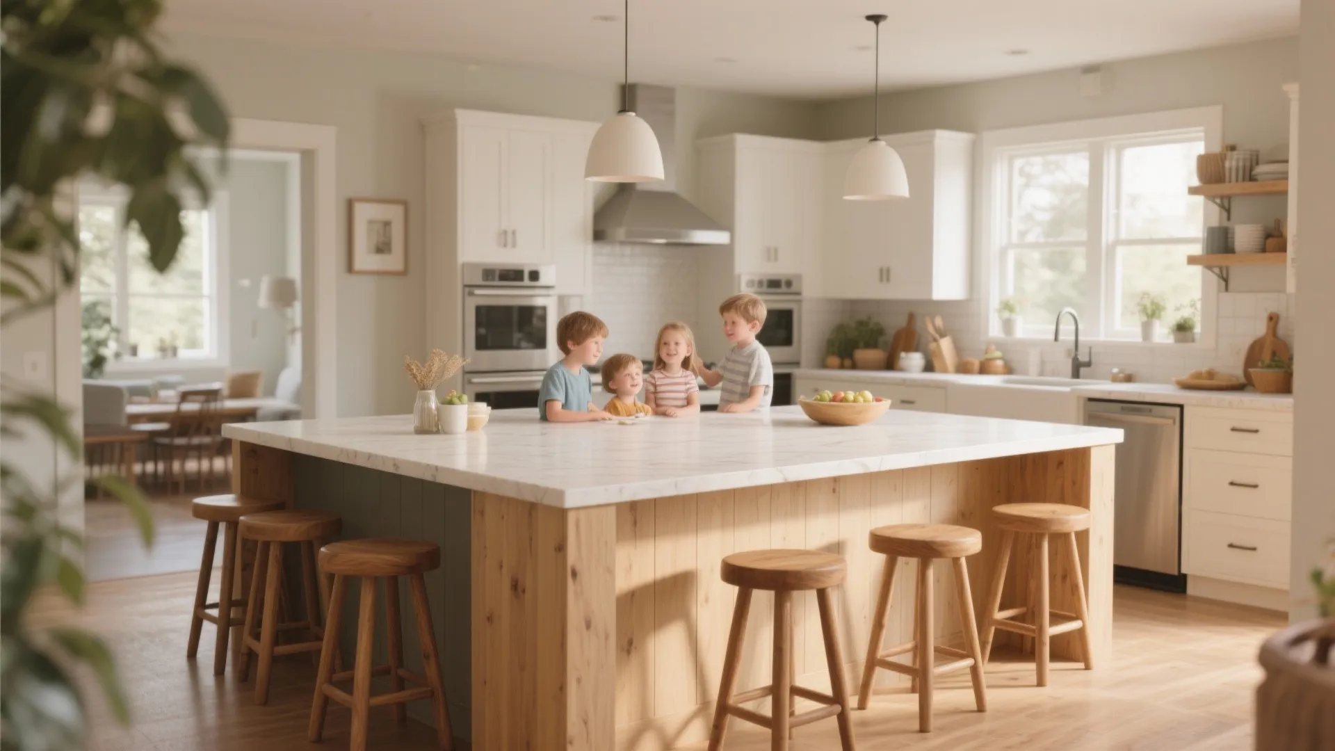 Kitchen island with stools on both sides for dining