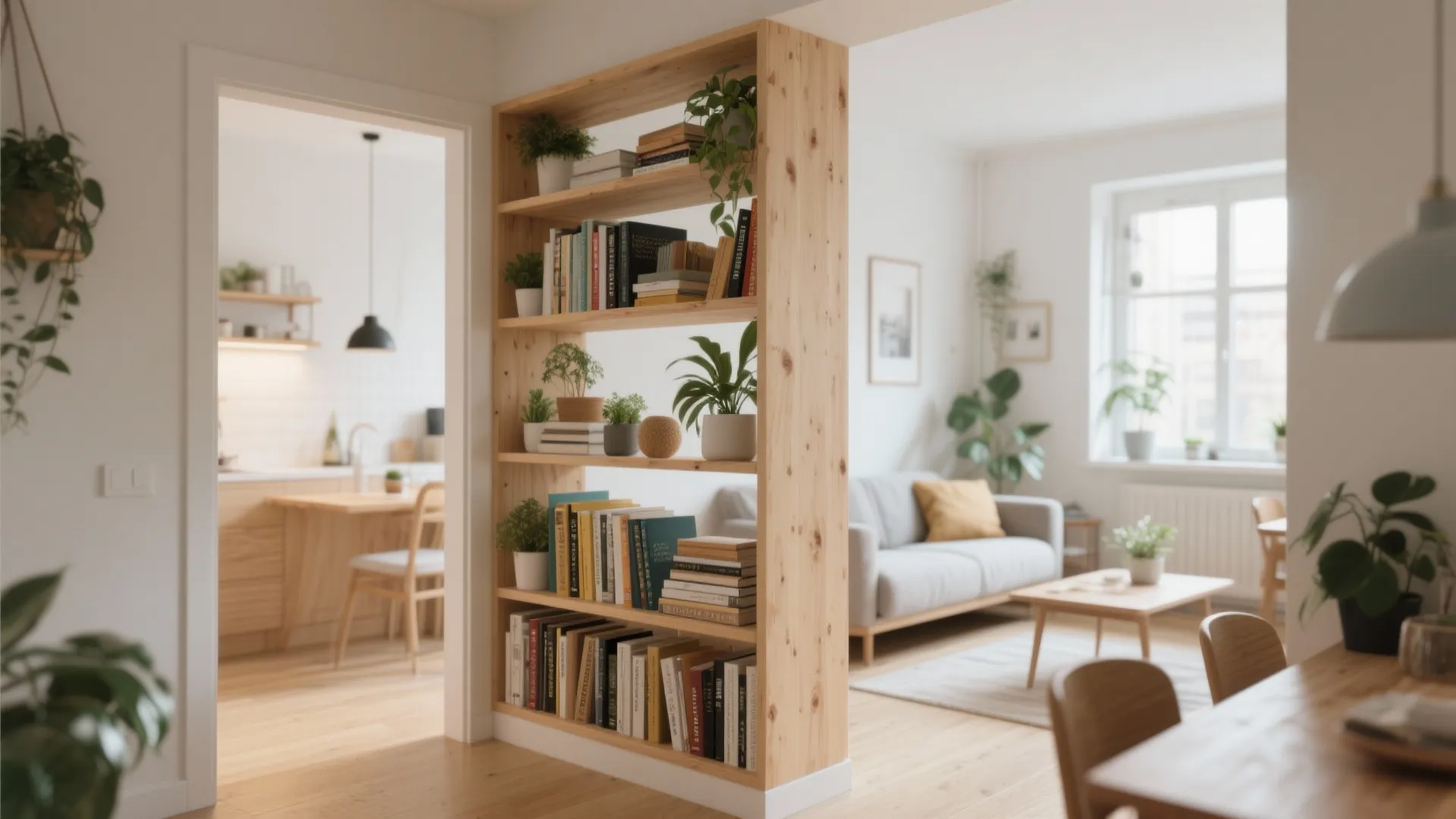 Dual-sided shelf dividing living and dining areas