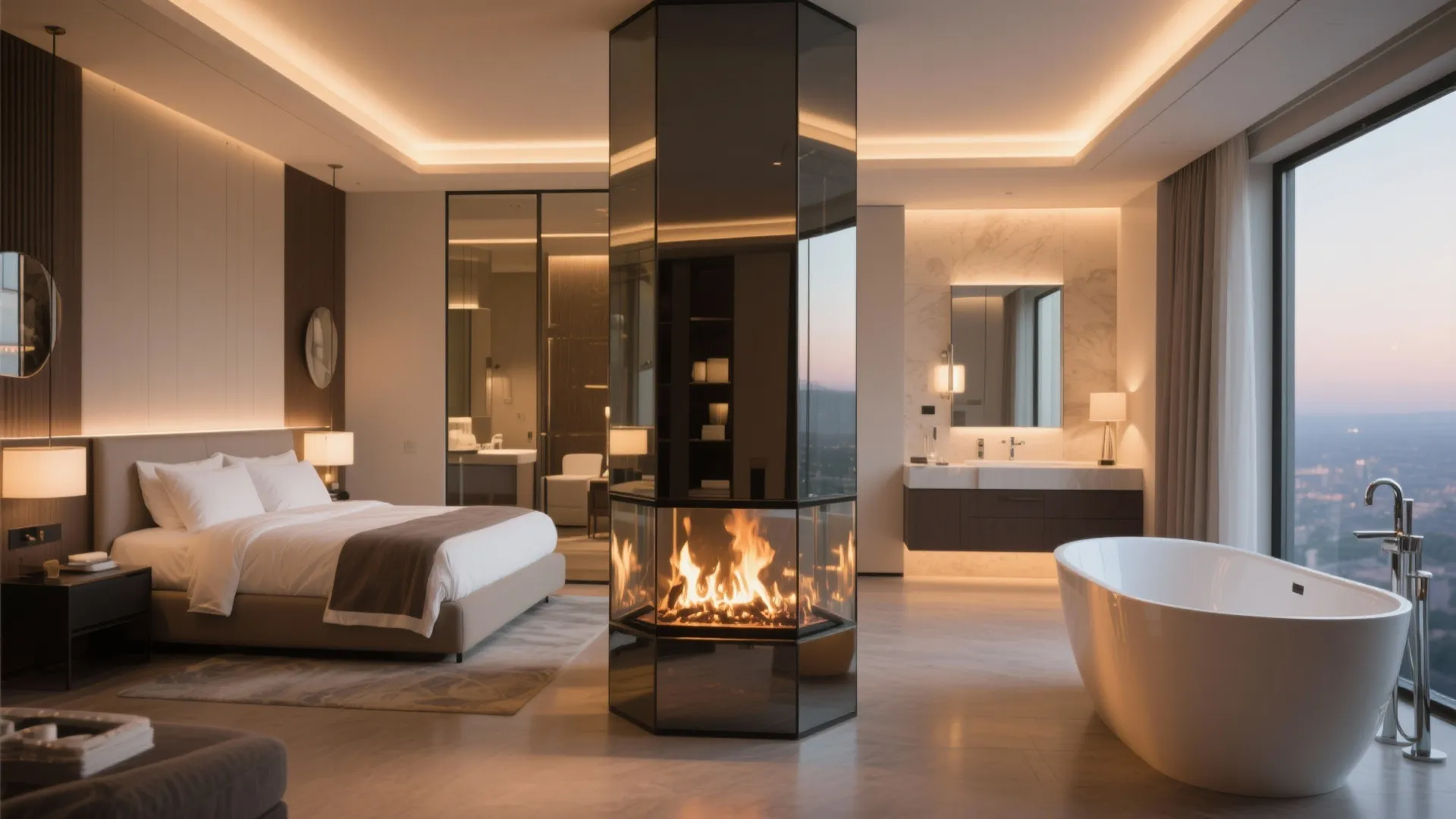 Modern master suite featuring a double sided fireplace between a bedroom and a luxury bathroom